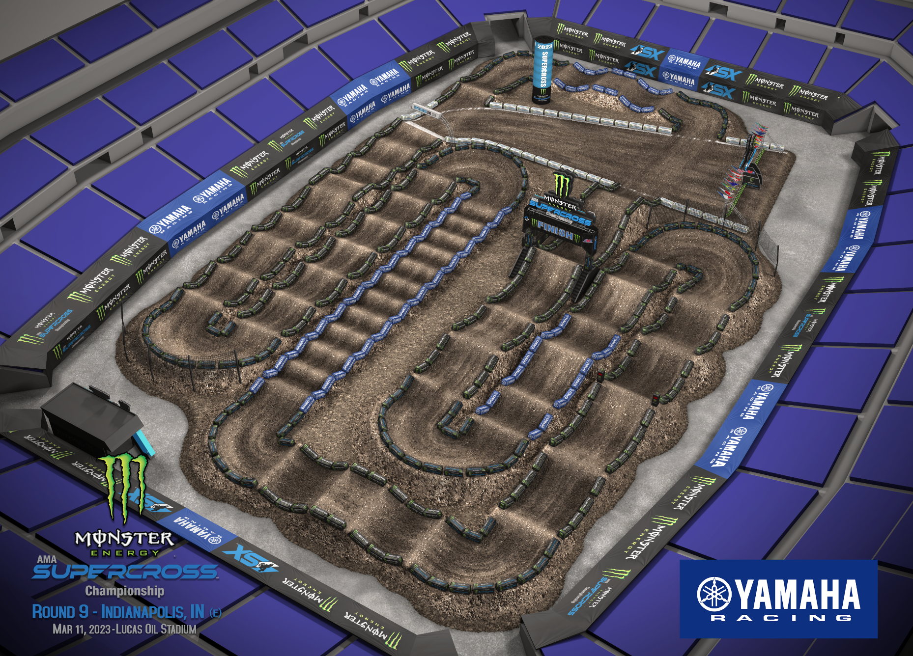The 2023 Indianapolis Supercross track map layout.