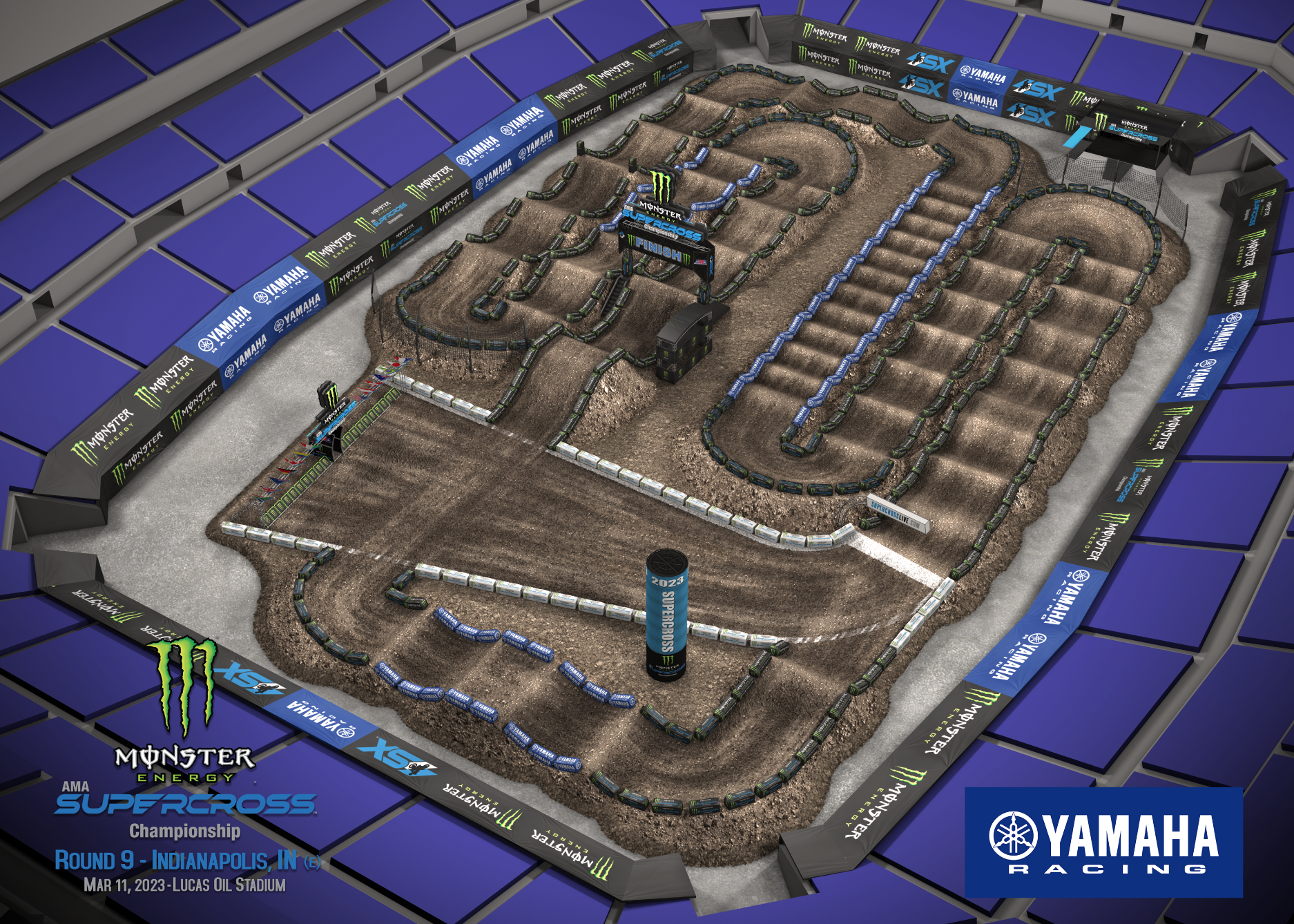The 2023 Indianapolis Supercross track map layout.