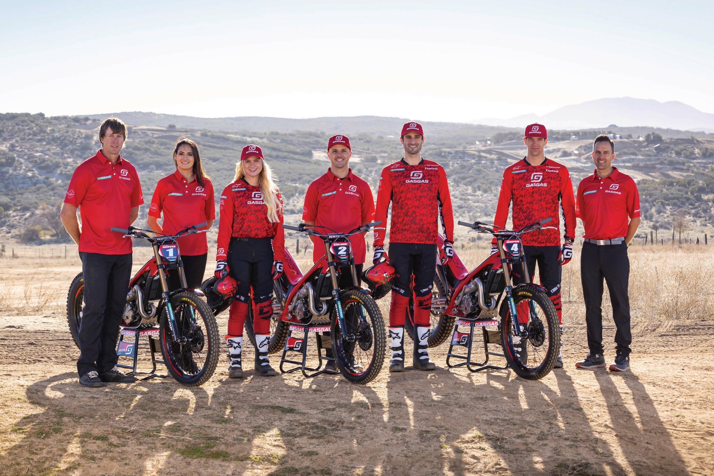Geoff Aaron with GasGas team riders Maddie Hoover, Daniel Blanc-Gonnet, and Josh Roper.