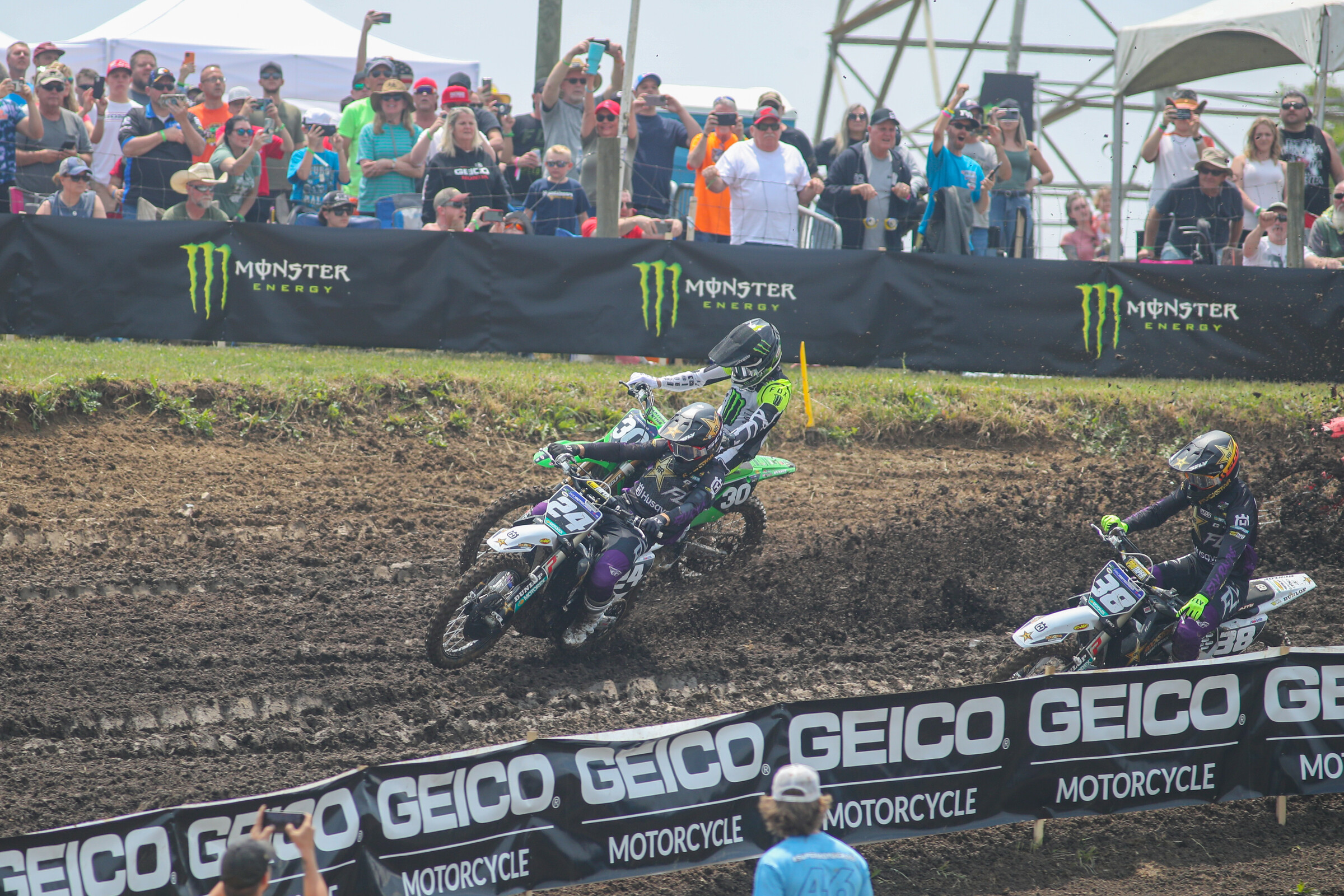 RJ Hampshire, Jo Shimoda, and Jalek Swoll leading the 250 Class field out of the first turn at High Point Raceway.