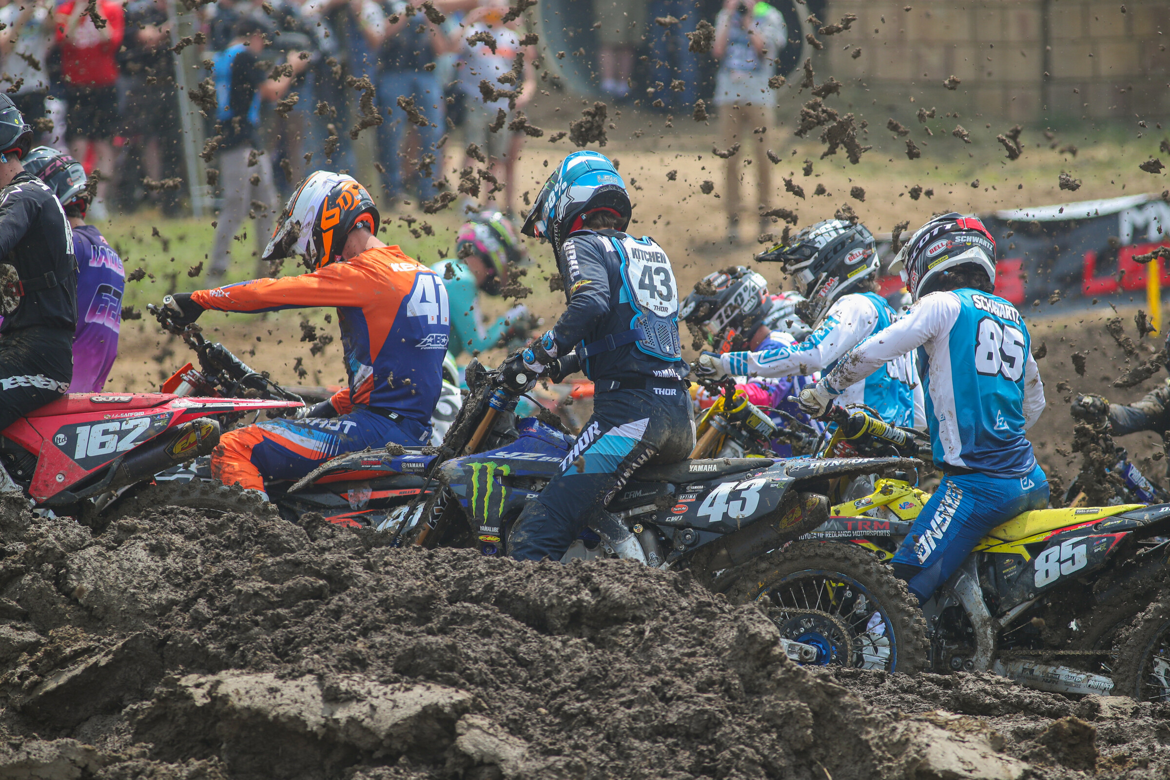 Max Stanford, Derek Kelley, Levi Kitchen, Dilan Schwartz, and more caught up in the second turn pileup.