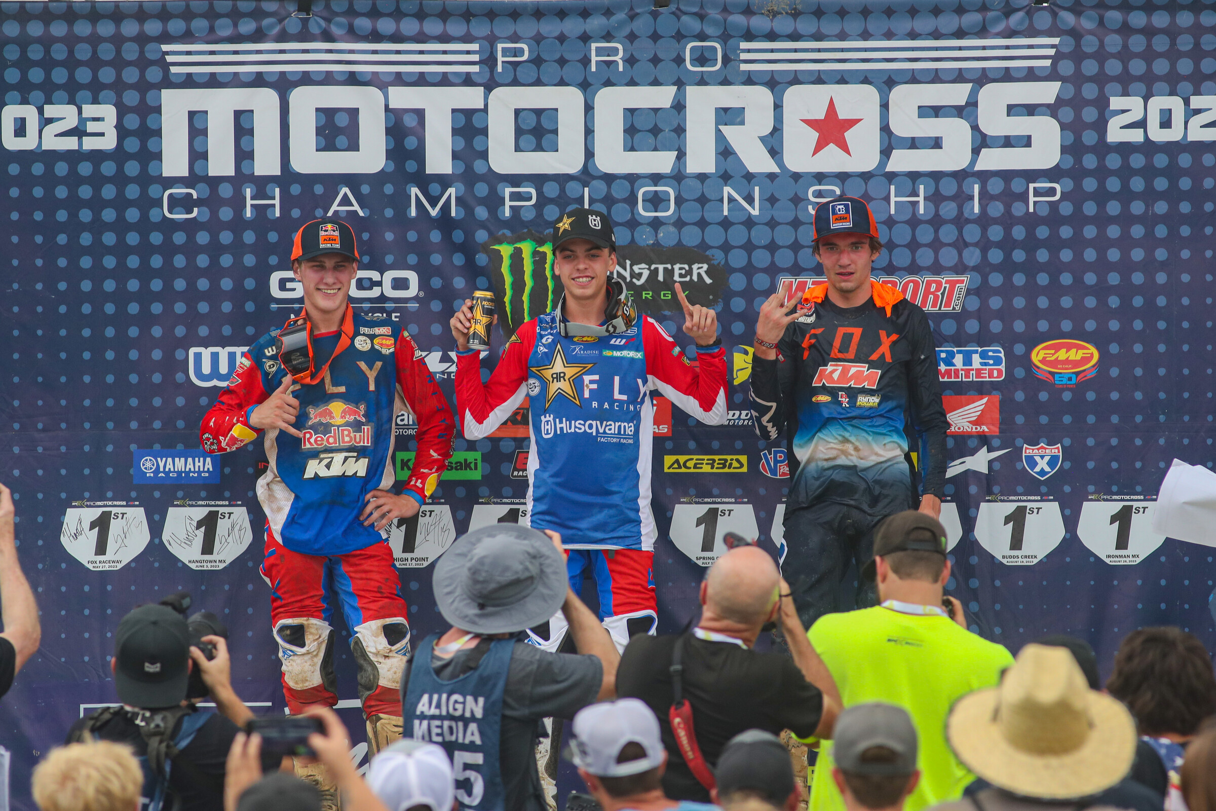 The 2023 RedBud Scouting Moto Combine overall podium: Casey Cochran (center, first overall), Ryder McNabb (left, second overall), and Preston Boespflug (right, third overall).