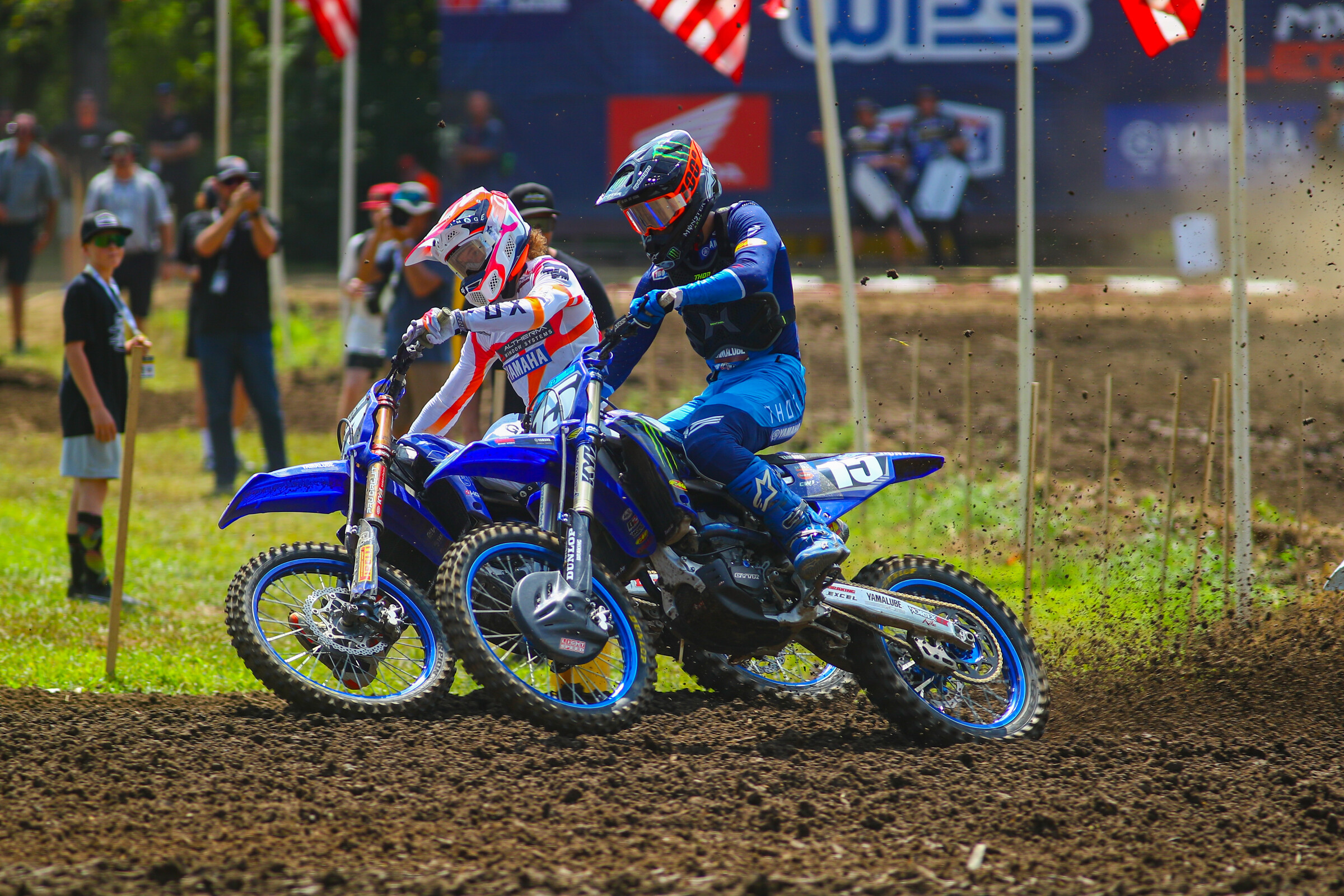 Cole Davies and Gavin Towers off the start of the second Scouting Moto Combine moto at Ironman Raceway.