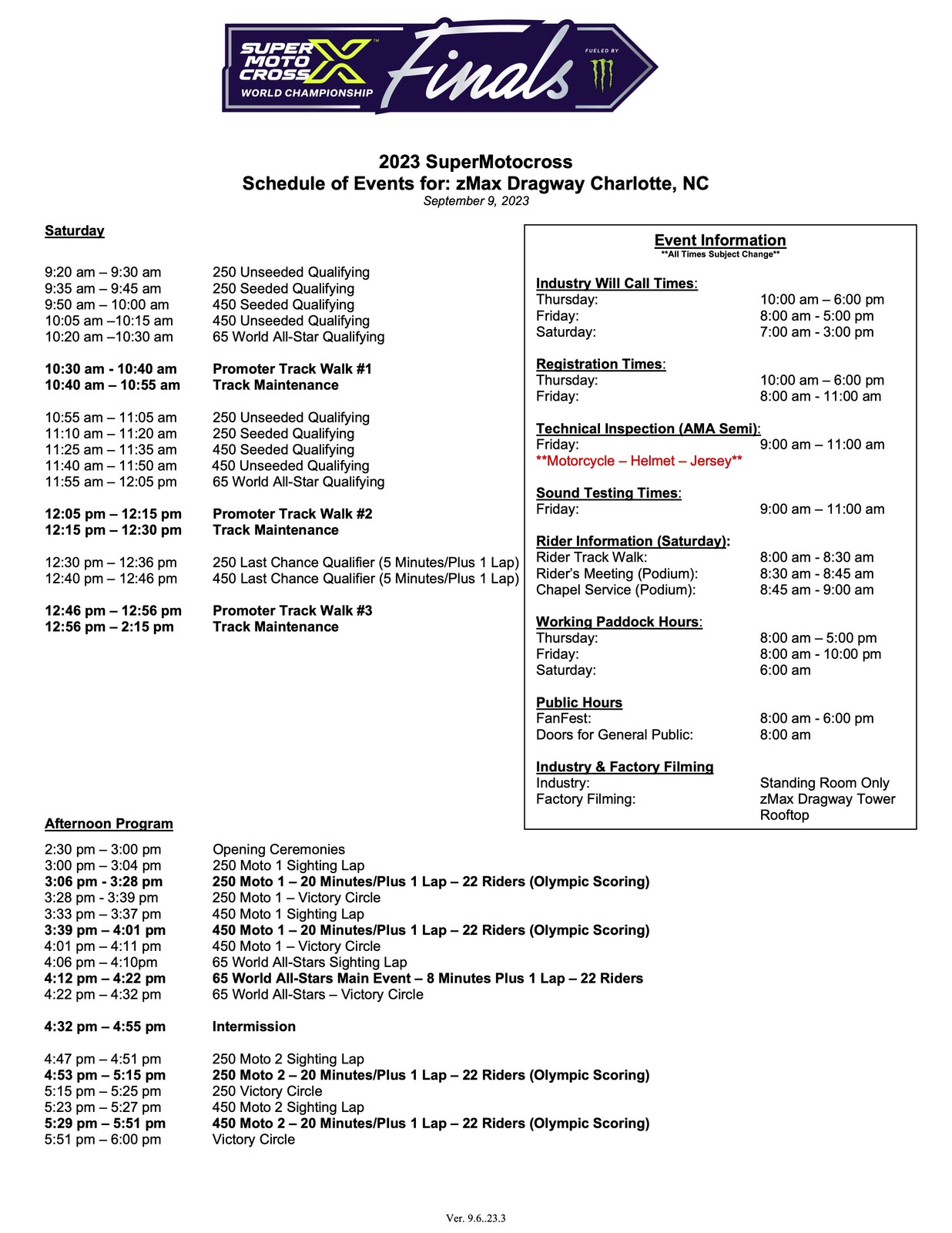SMX Playoff Round 1 in North Carolina race day schedule.
