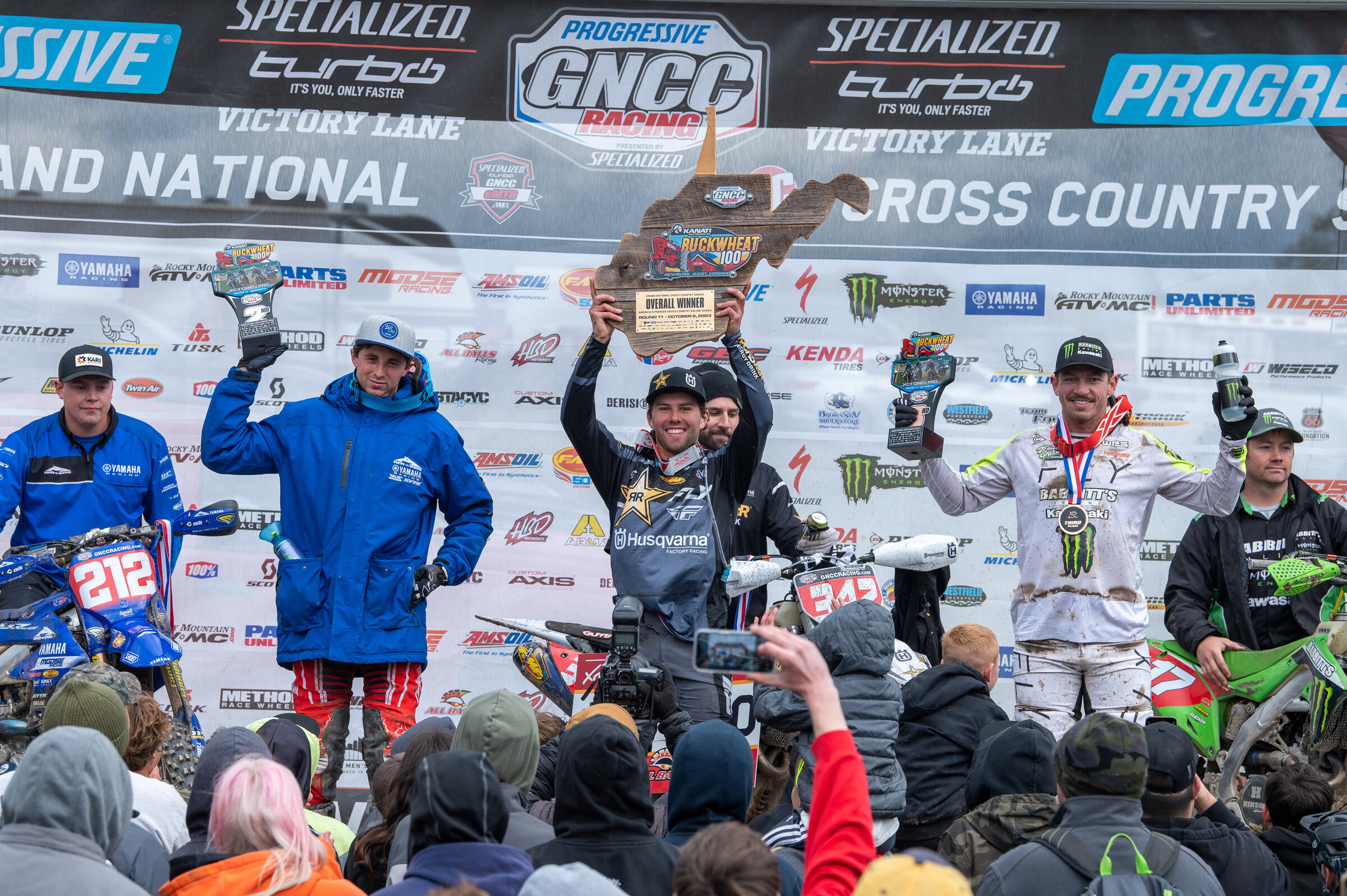 Craig Delong (center), Ricky Russell (left) and Josh Strang (right) rounded out the top three finishers at the Kanati Tires Buckwheat 100 GNCC.