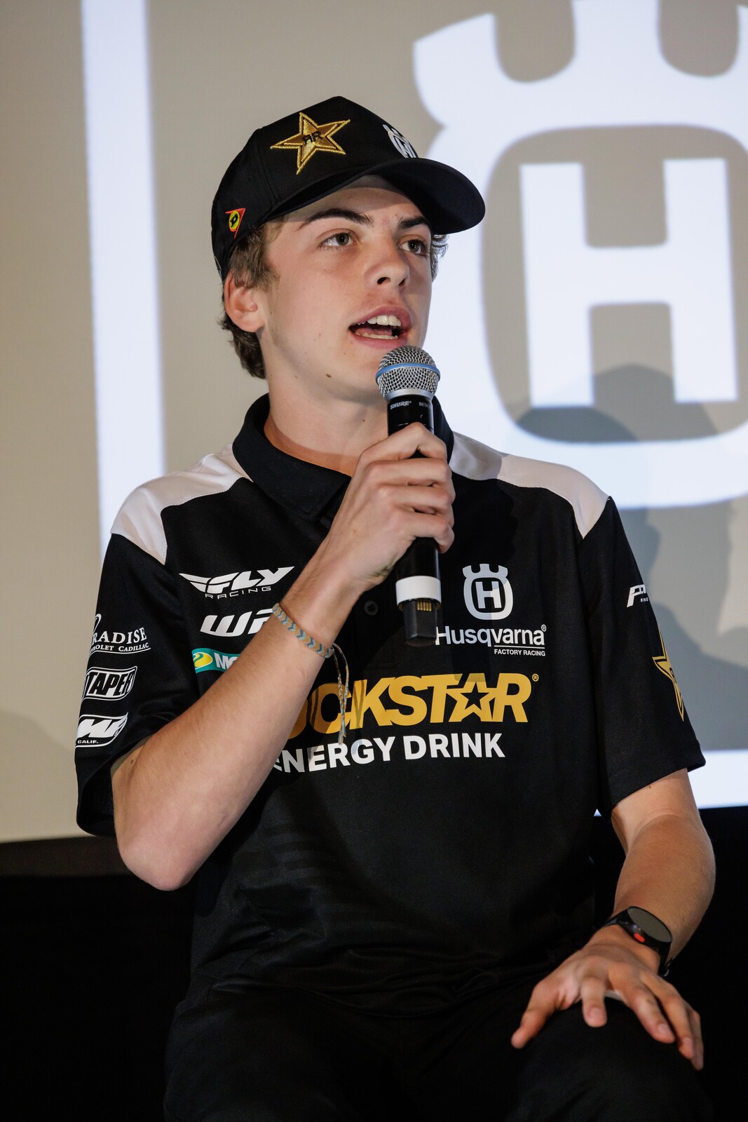 Cochran speaking at the 2024 Husqvarna team intro.