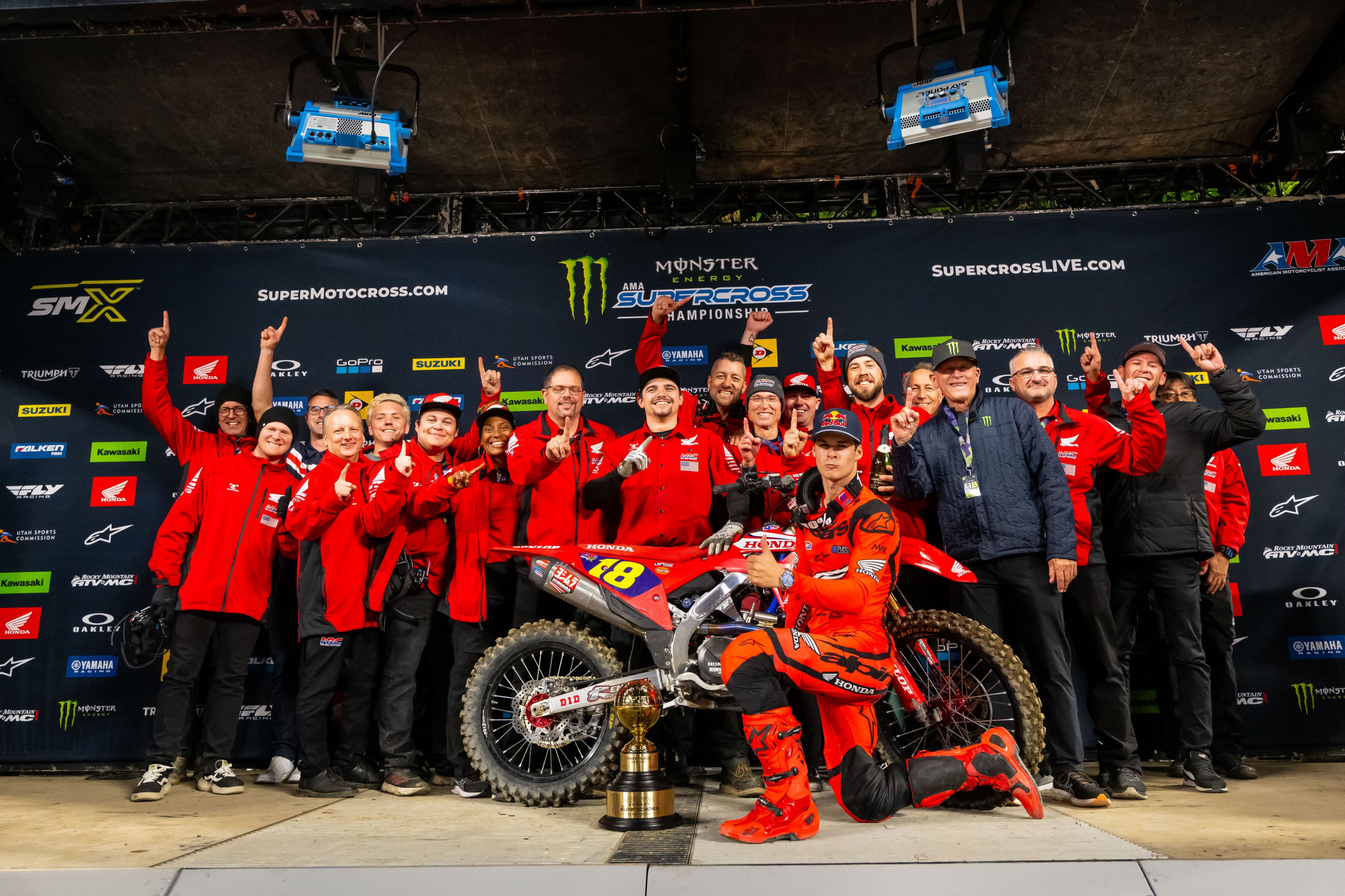 Honda HRC celebrating Jett Lawrence's first 450SX main event start and win.