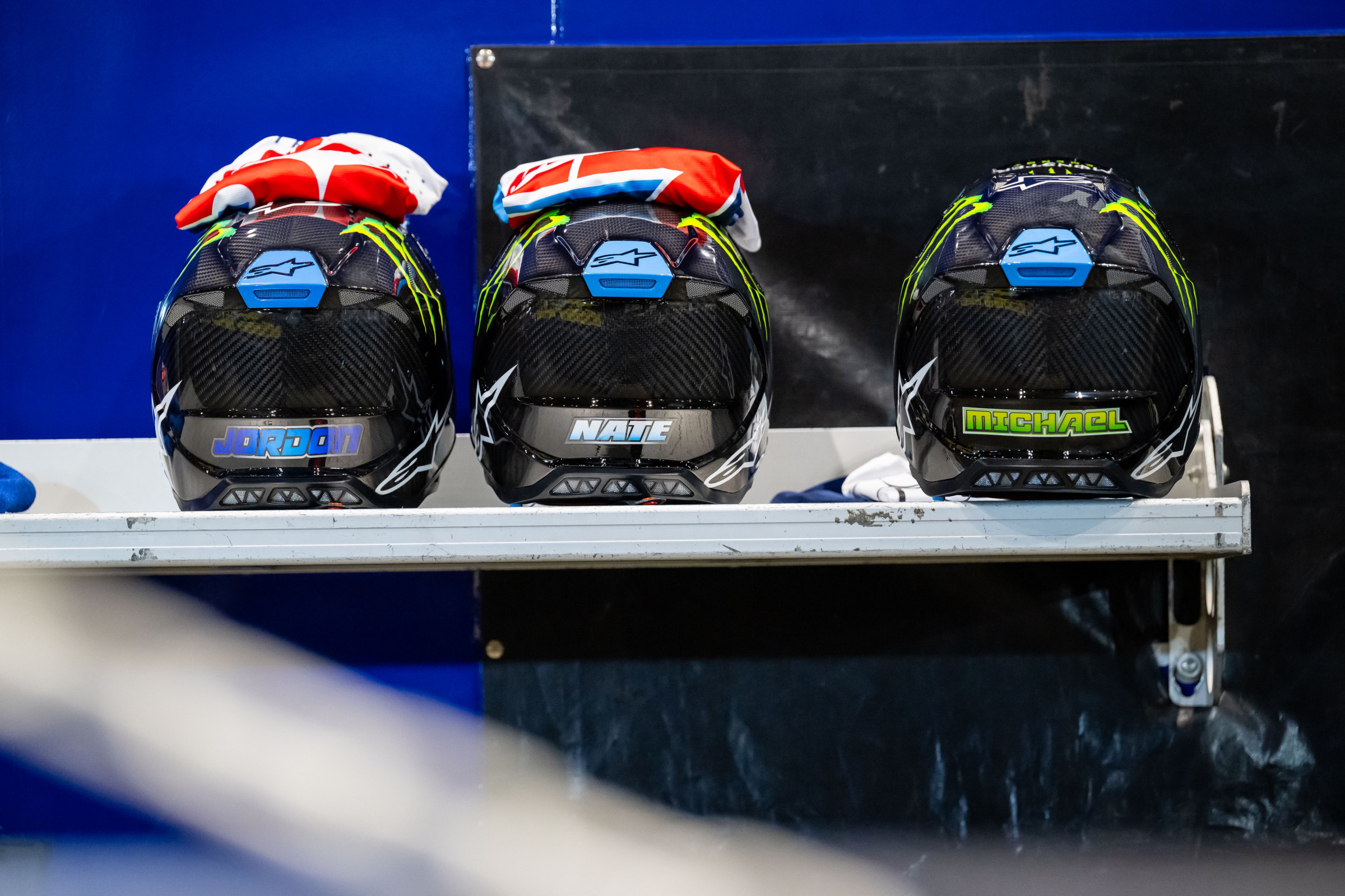 The Monster Energy Yamaha Star Racing team's 250 rider helmets for the Seattle SX.
