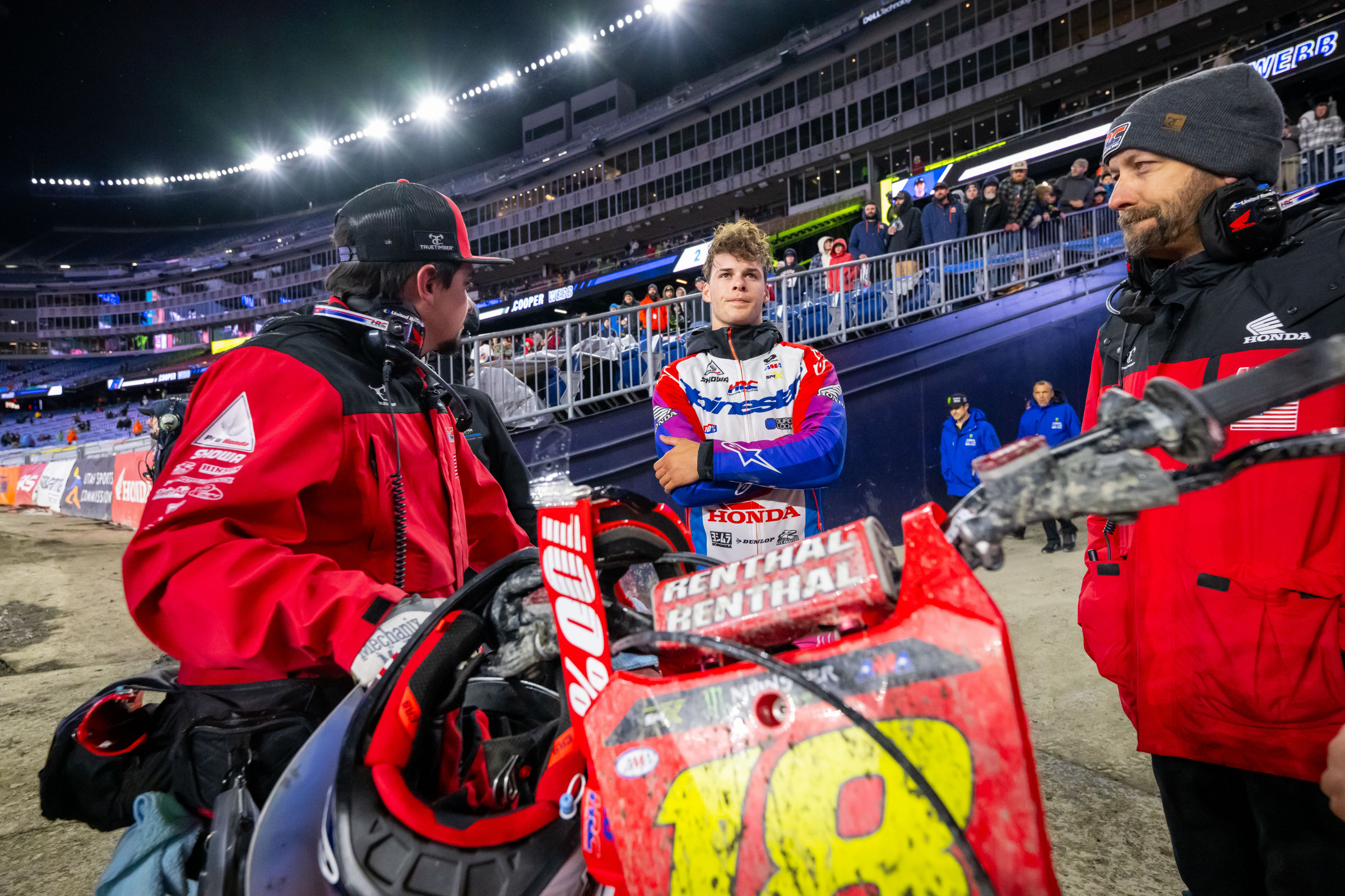 A dirty front number plate and the face of frustration for Jett Lawrence, who has watched his points lead dwindle from 21 to zero in three races.