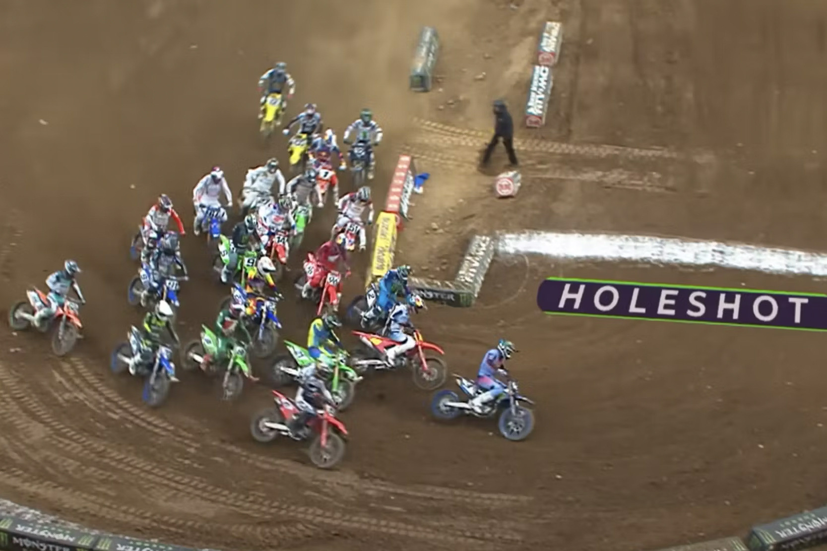 It worked. Now he's headed inside to take the lead at the holeshot stripe.