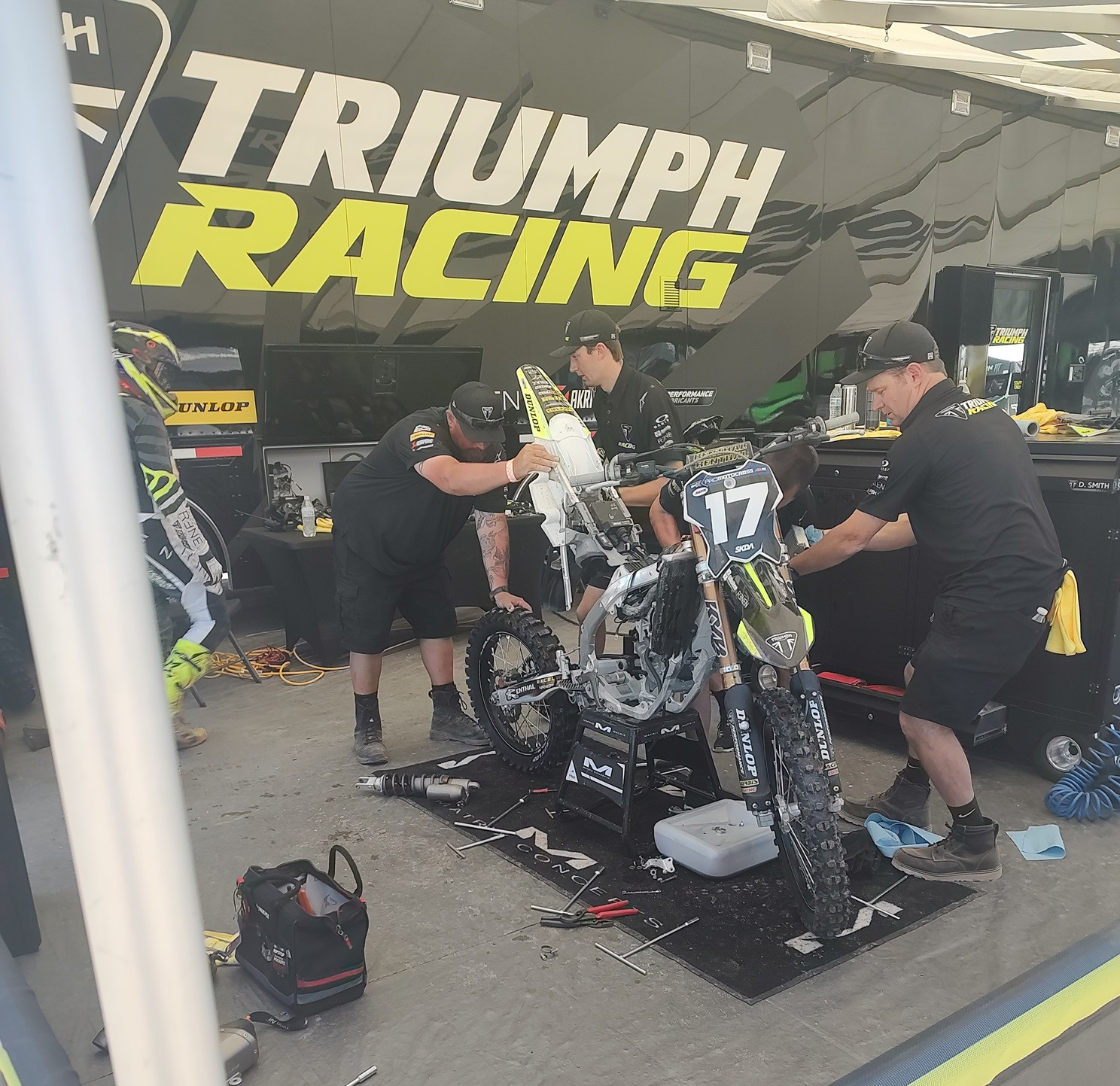 Joey Savatgy's team was forced to scramble between motos to get his bike ready for the second moto.