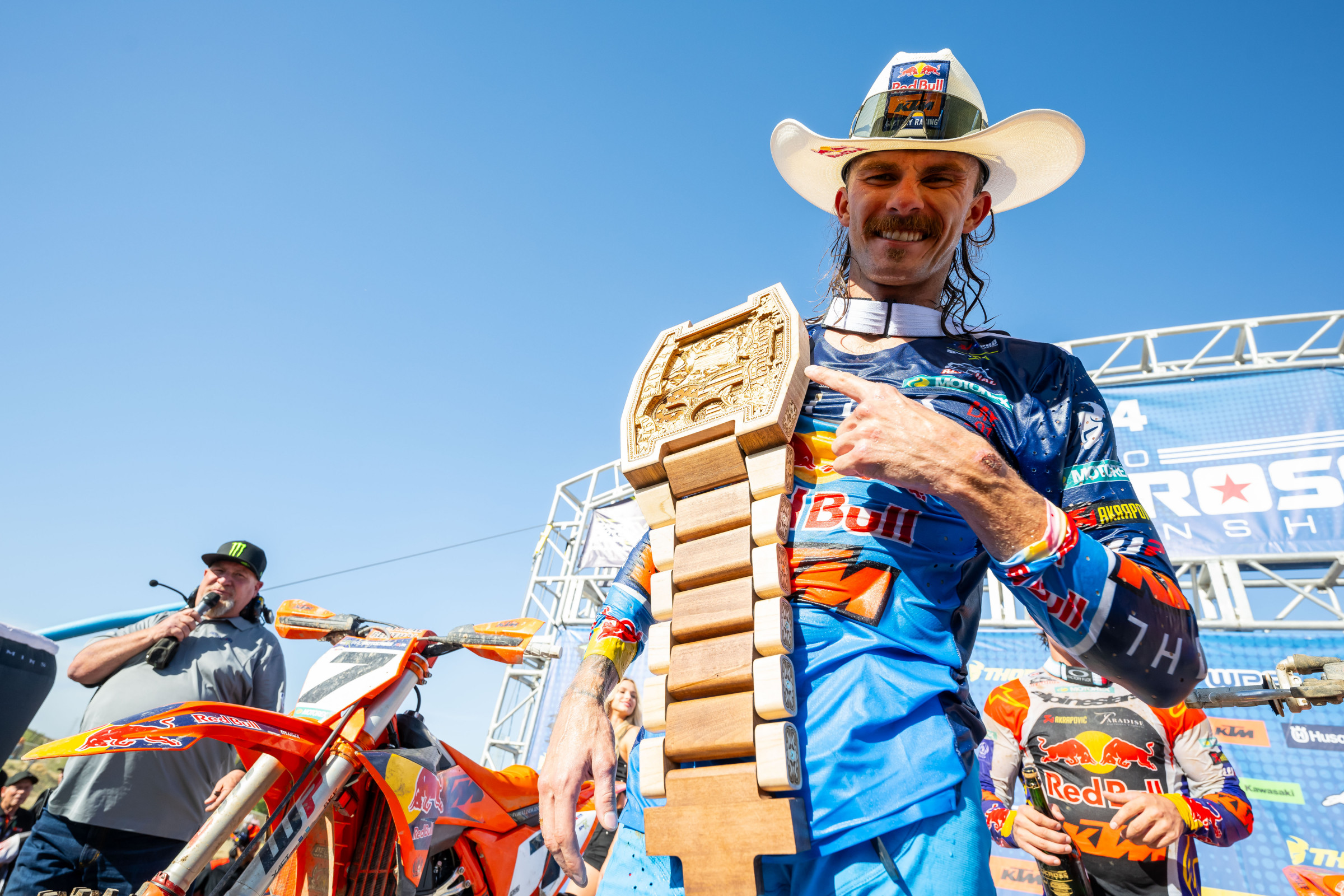 Aaron Plessinger was bummed about giving up the lead on the last lap, but at least he got to take home this kick ass trophy! 
