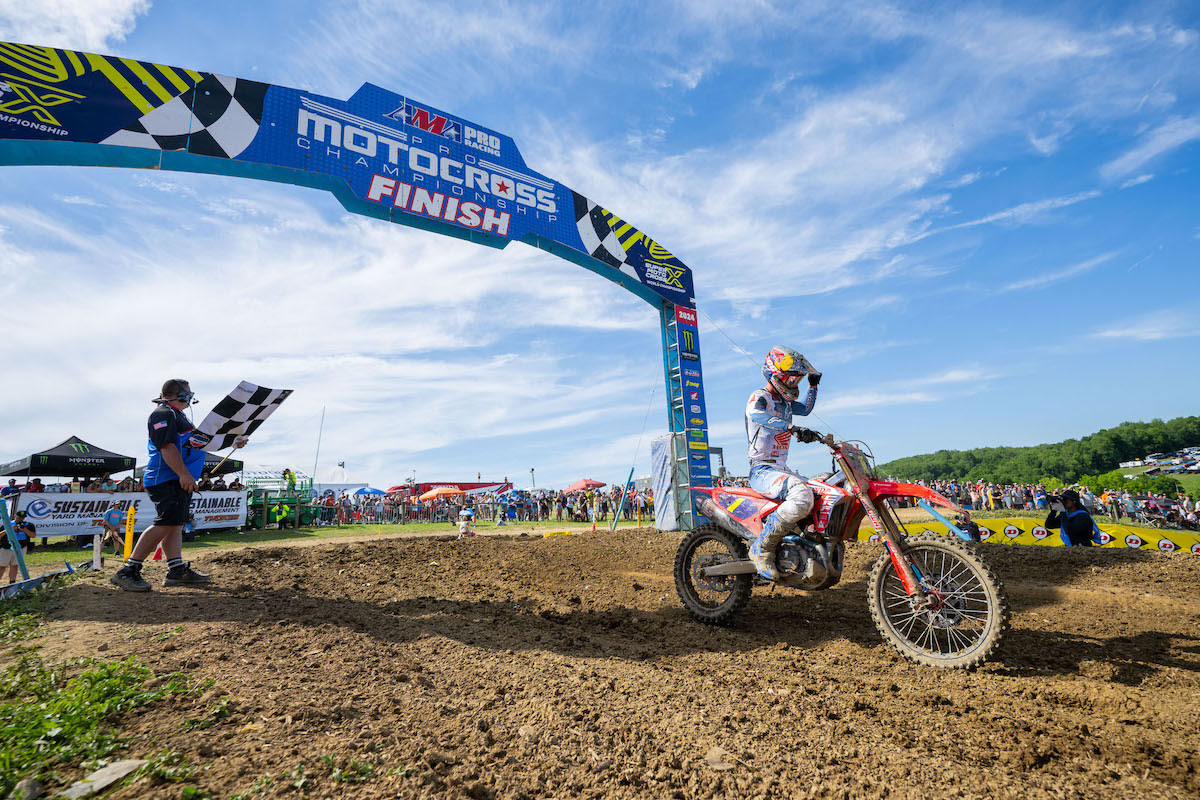 Jett Lawrence (1-1) earned his third win in four rounds with his second moto sweep of the season.