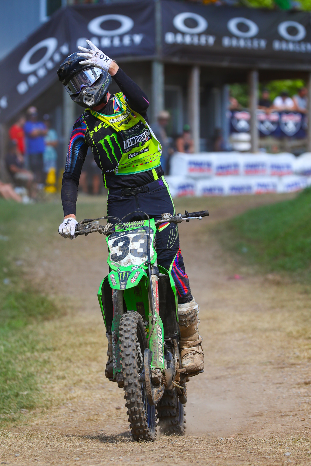 Adams celebrating after winning his fourth straight moto.
