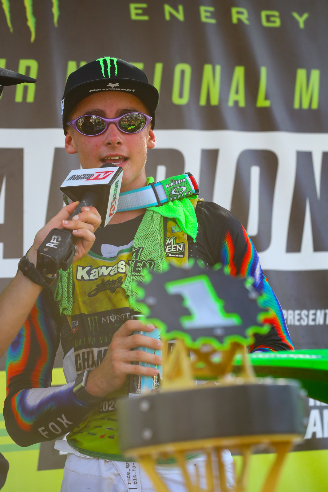 Caden Dudney celebrating his 250 B title, one of the two titles he won in 2024.