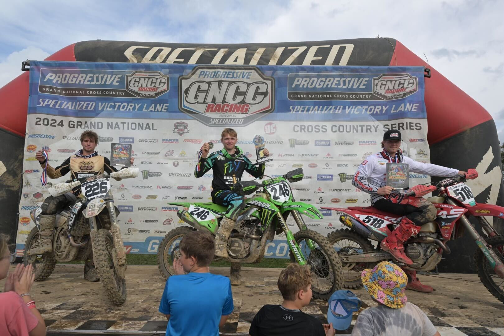 250 A Class podium: Nicholas Defeo (center, Kawasaki), Jason Tino (left, Husqvarna), Cole Whitmer (right, GasGas).