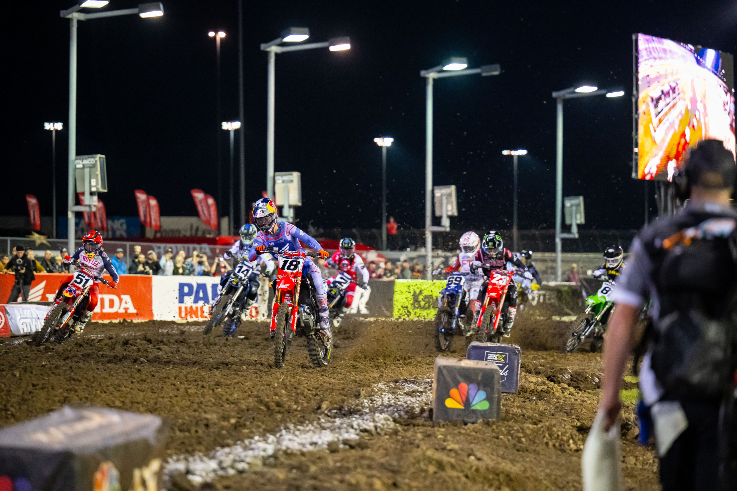 Jett Lawrence grabbing the holeshot at the Chicago round of SMX in 2023.