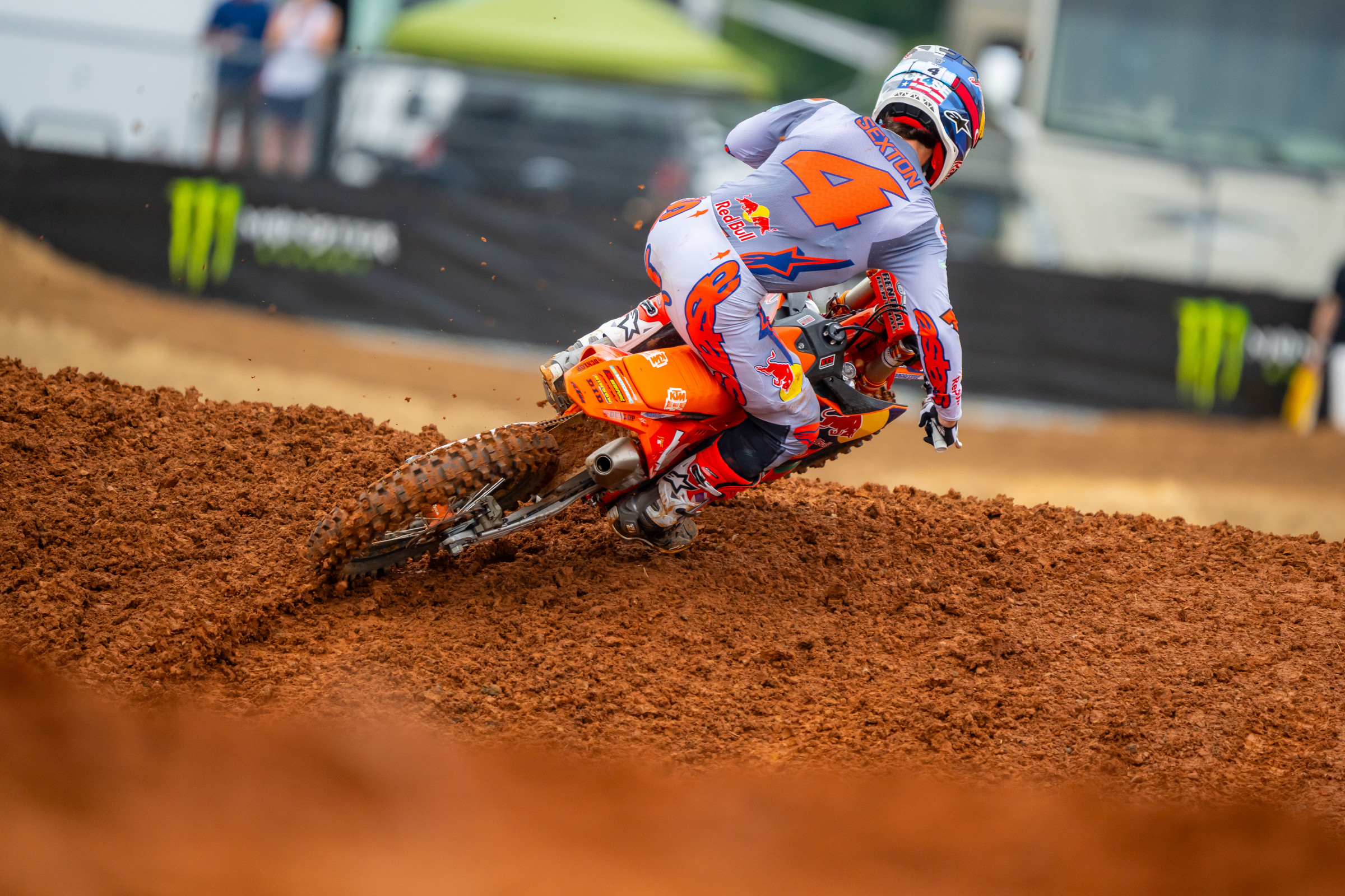 Chase Sexton challenged Lawrence early in both motos but was unable to make a pass, then lost ground later in both races, While third overall, he maintains the SMX point lead due to starting the playoffs as the top seed.