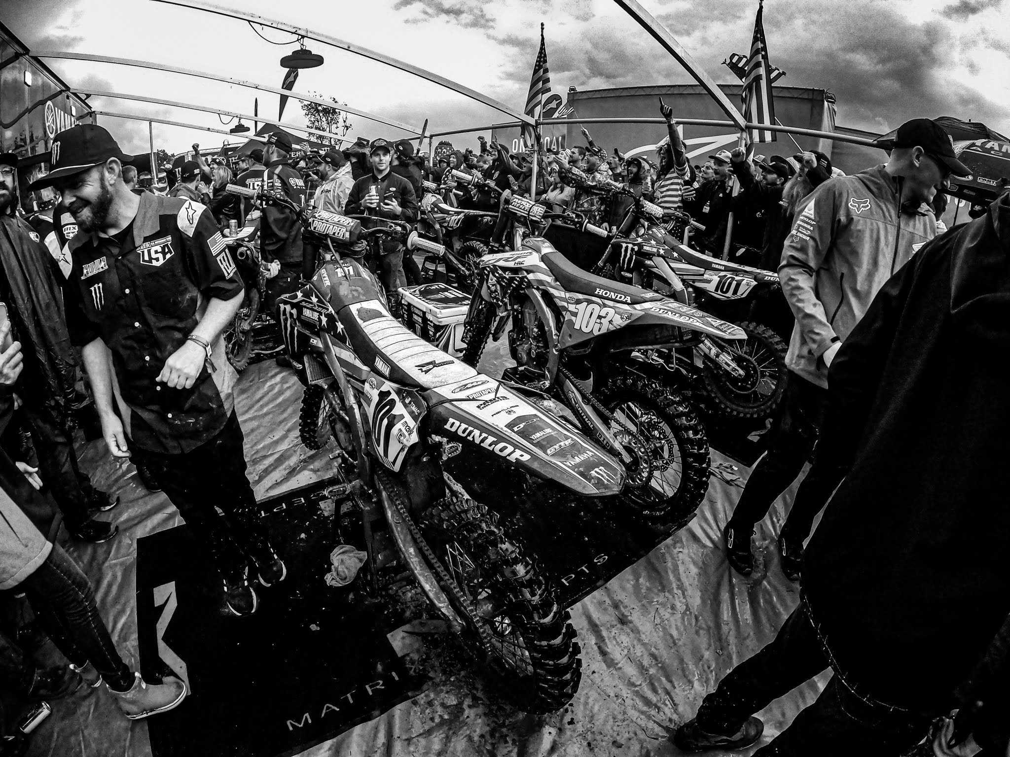 The Team USA trio, wait, no just three bikes to rev for the post-race celebrations! Two #101 Tomac bikes!