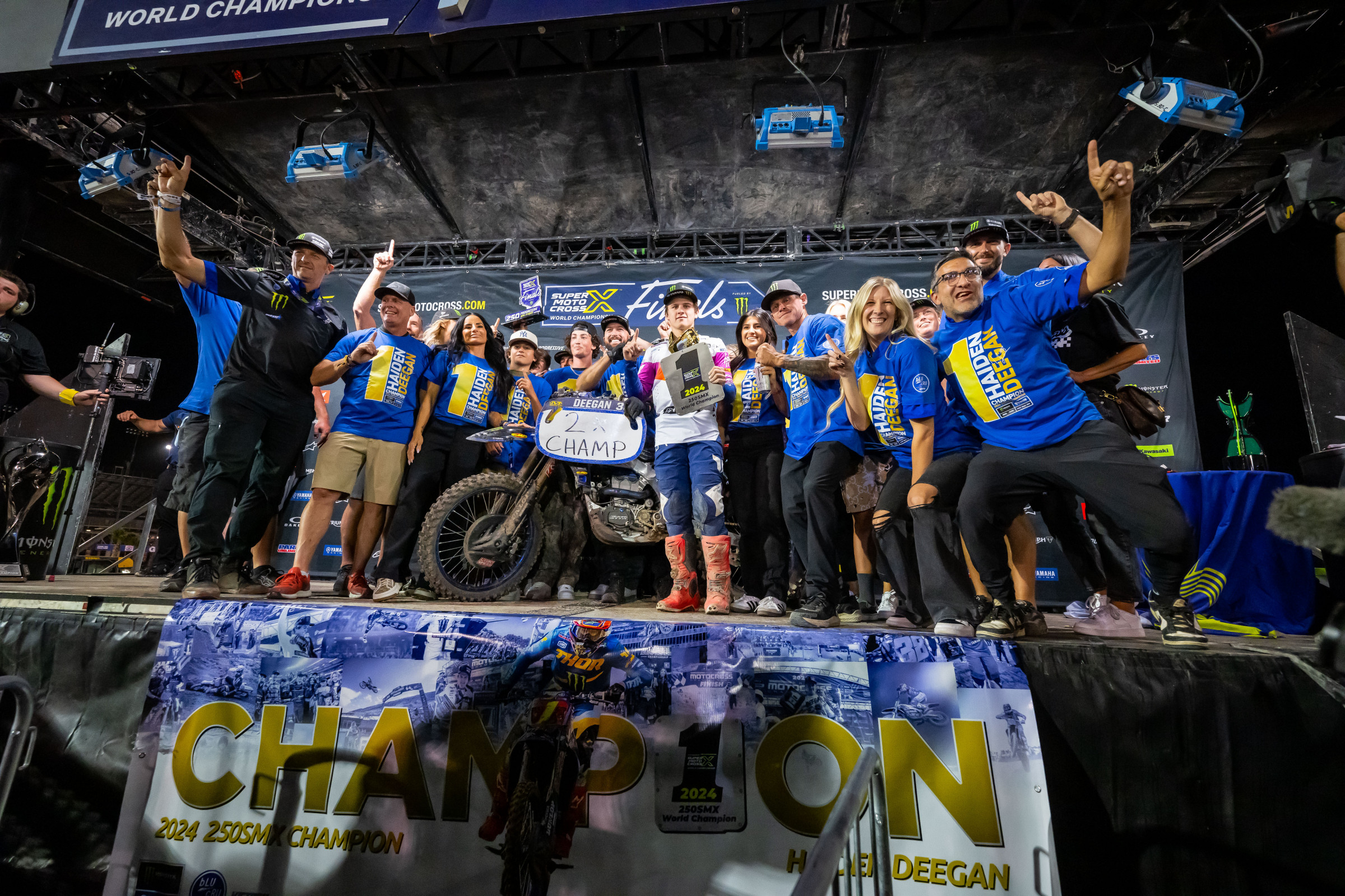 Haiden Deegan and the Monster Energy Yamaha Star Racing team celebrate Deegan's back-to-back 250SMX titles.