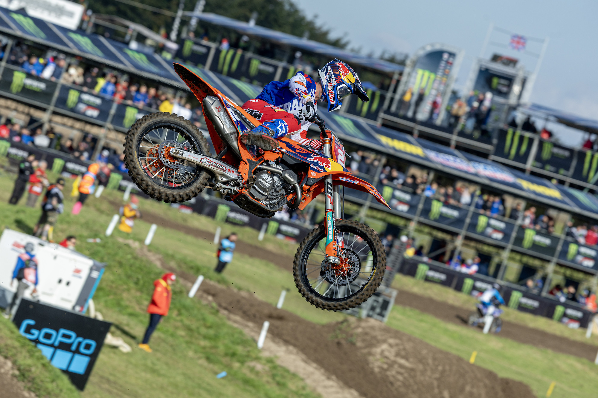 Tom Vialle built a huge lead early in the MX2 race. Lucas Coenen caught him but then crashed.