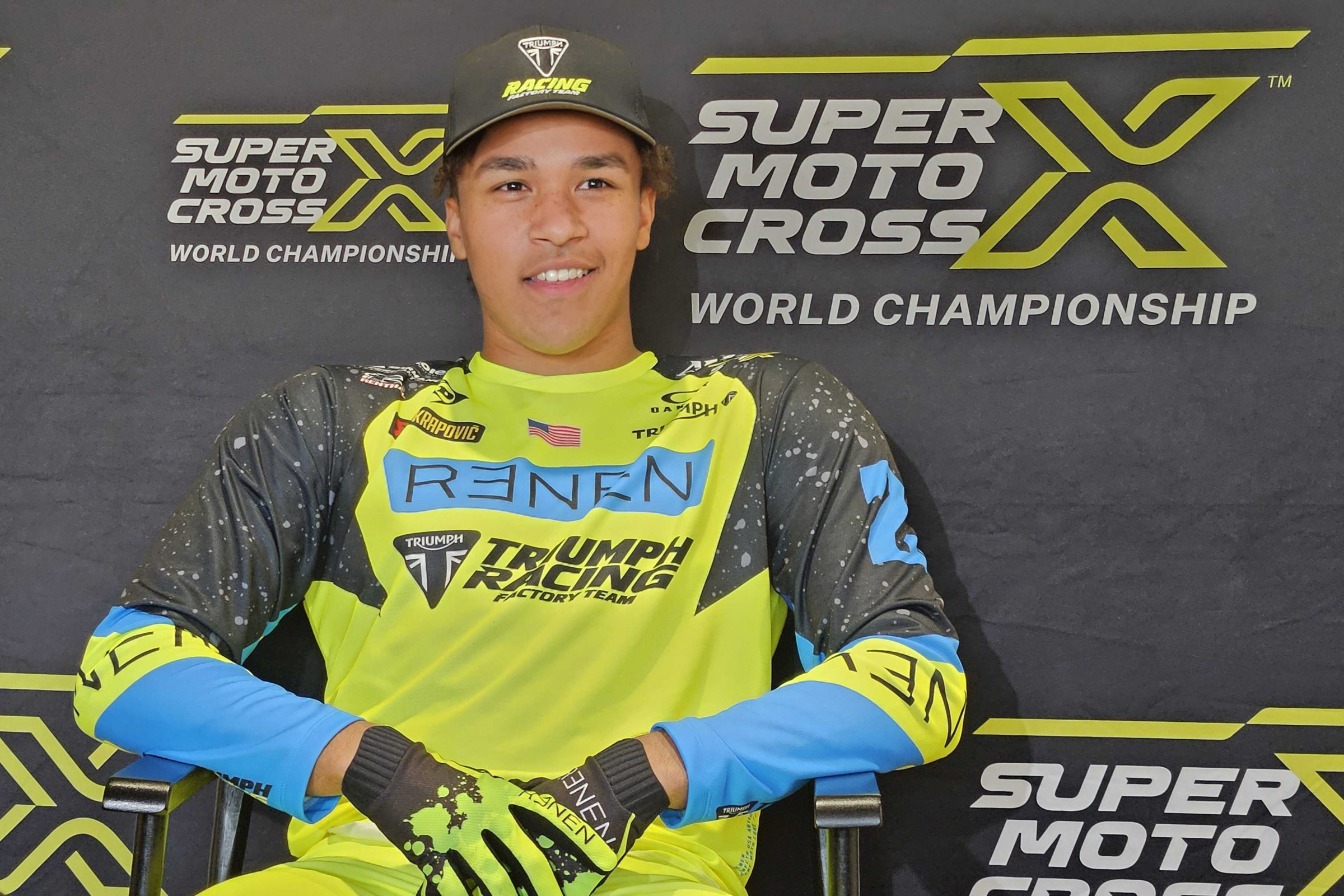 Jalek Swoll speaking at the SuperMotocross World Championship (SMX) media days at Angel Stadium.