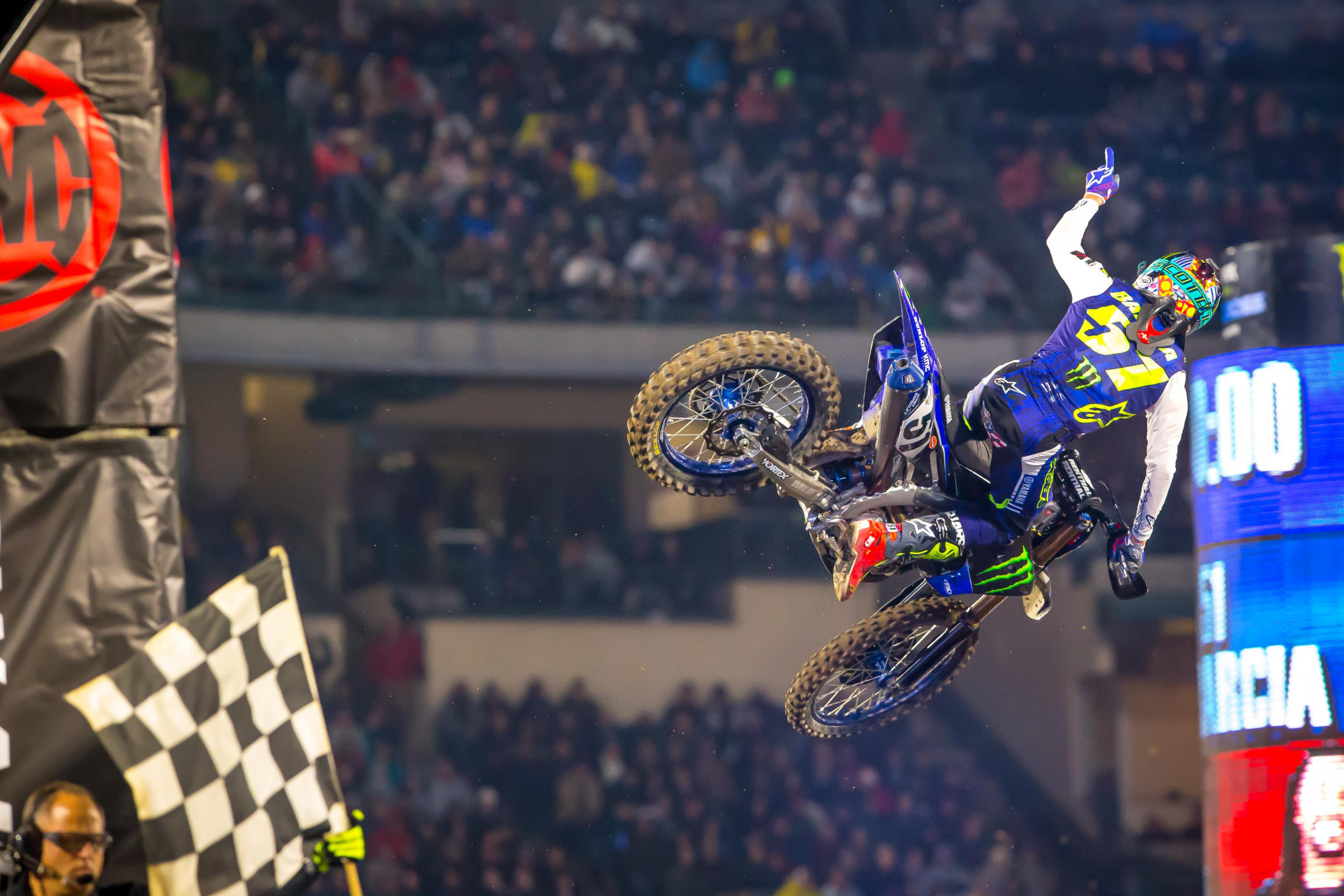 Justin Barcia winning the 2019 Anaheim 1 Supercross.