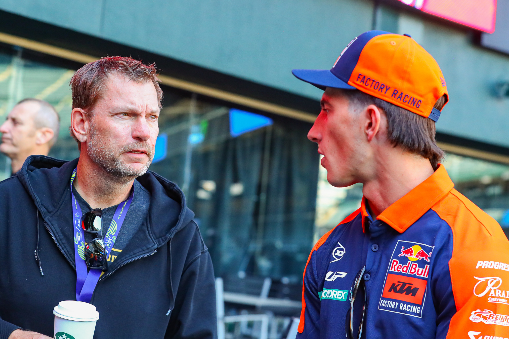 Matthes chats with Chase Sexton on Friday during media day.