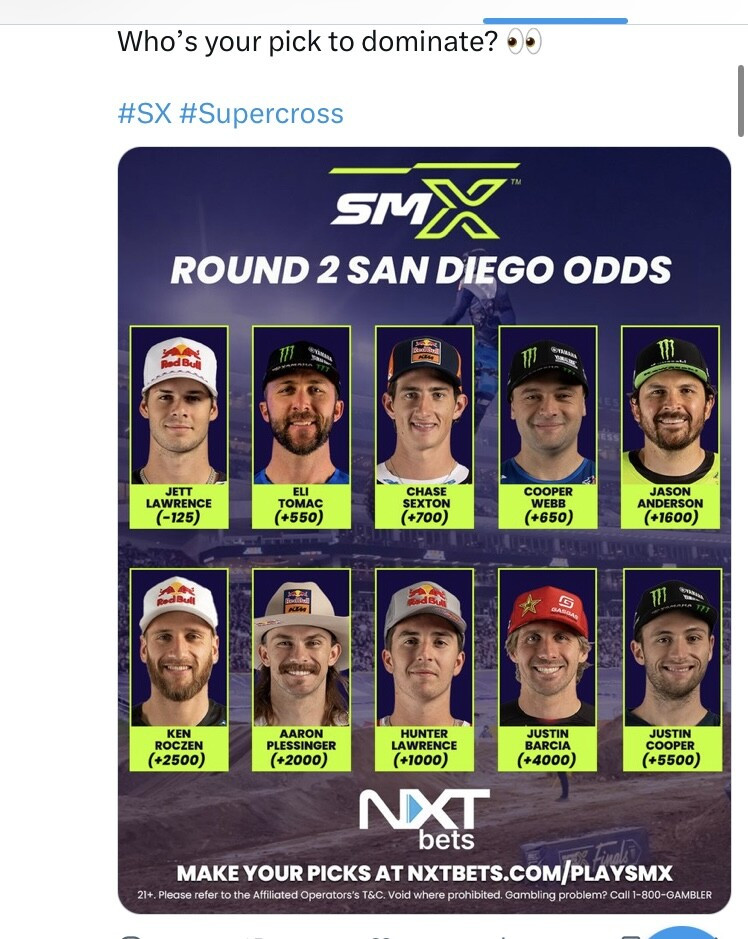 Initial San Diego Supercross odds, posted January 14.