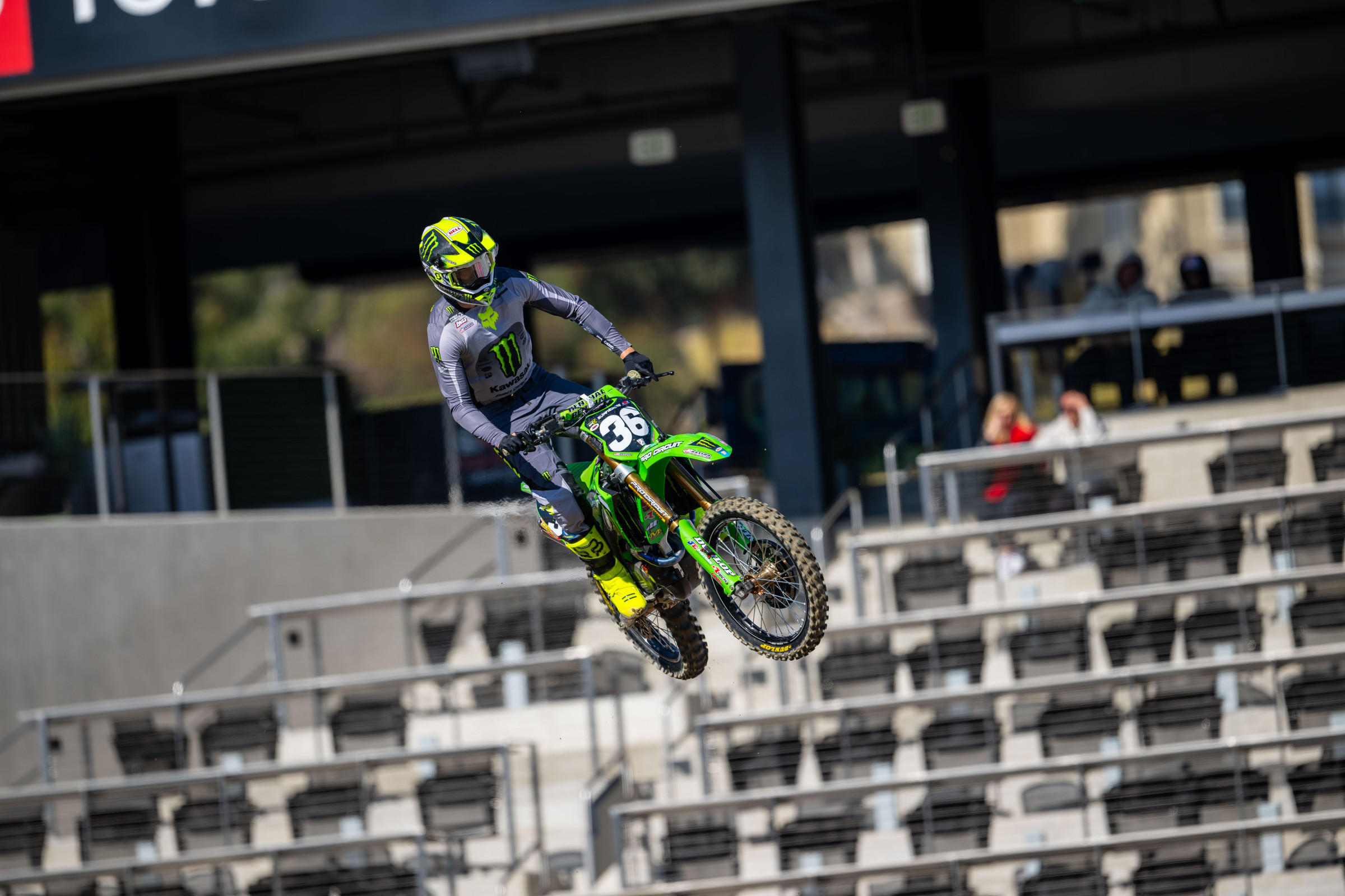 Garrett Marchbanks crashed in the first 250SX qualifier and got up holding his shoulder. He finished it out and was in the second qualifier, however.