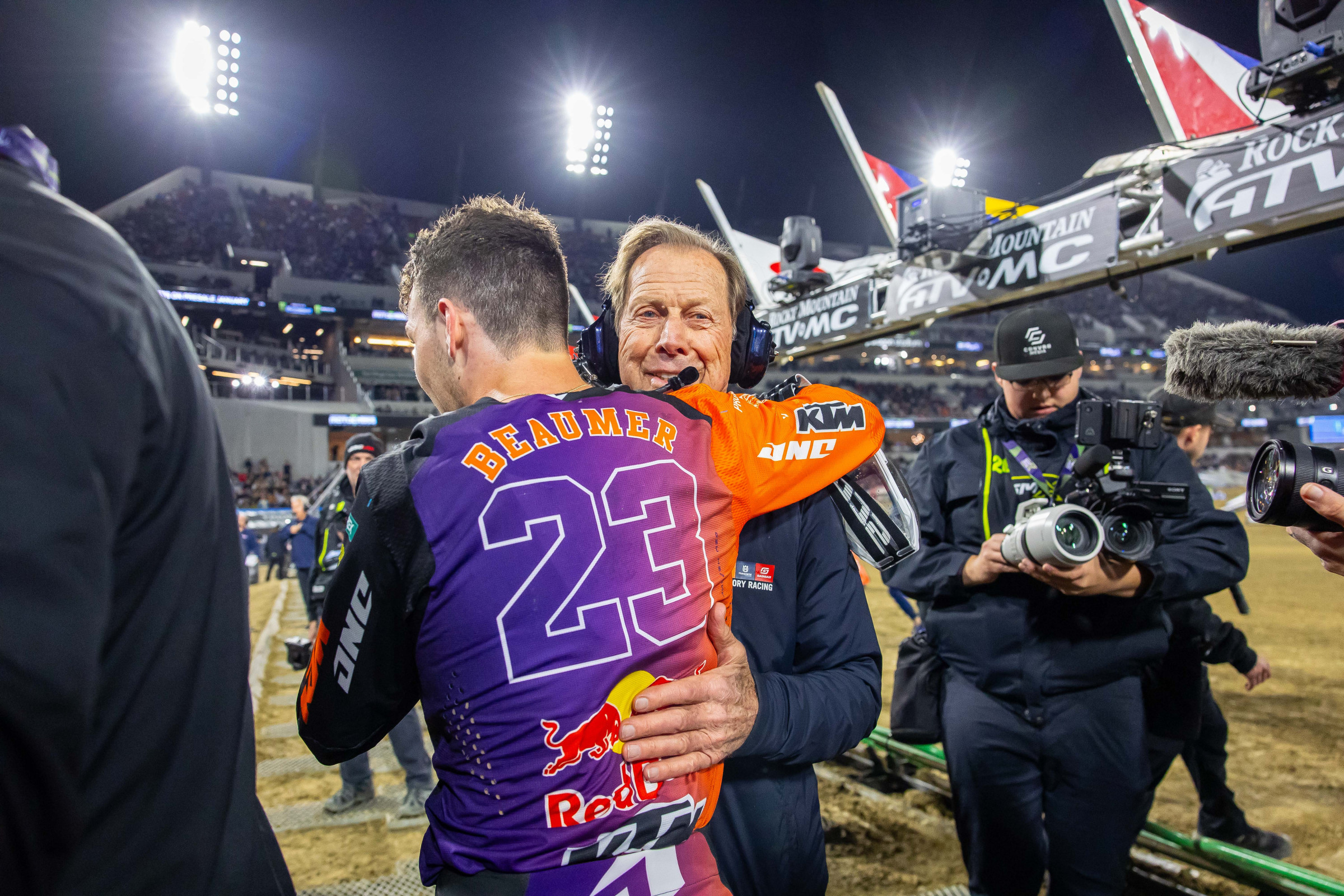 Roger De Coster was one the handful of people Beaumer hugged post-race.