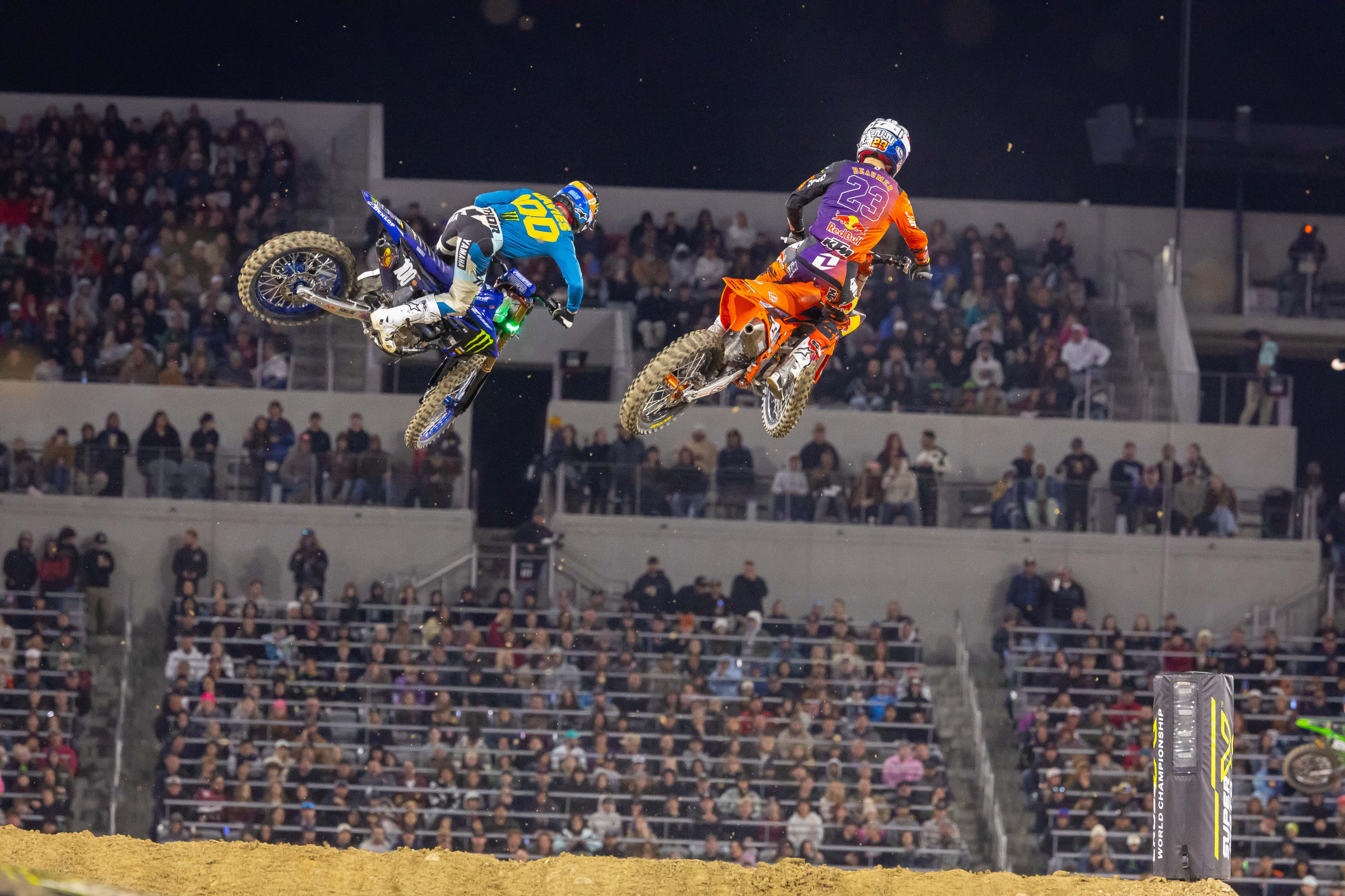 Cole Davies and Julien Beaumer battle for the lead in the main.