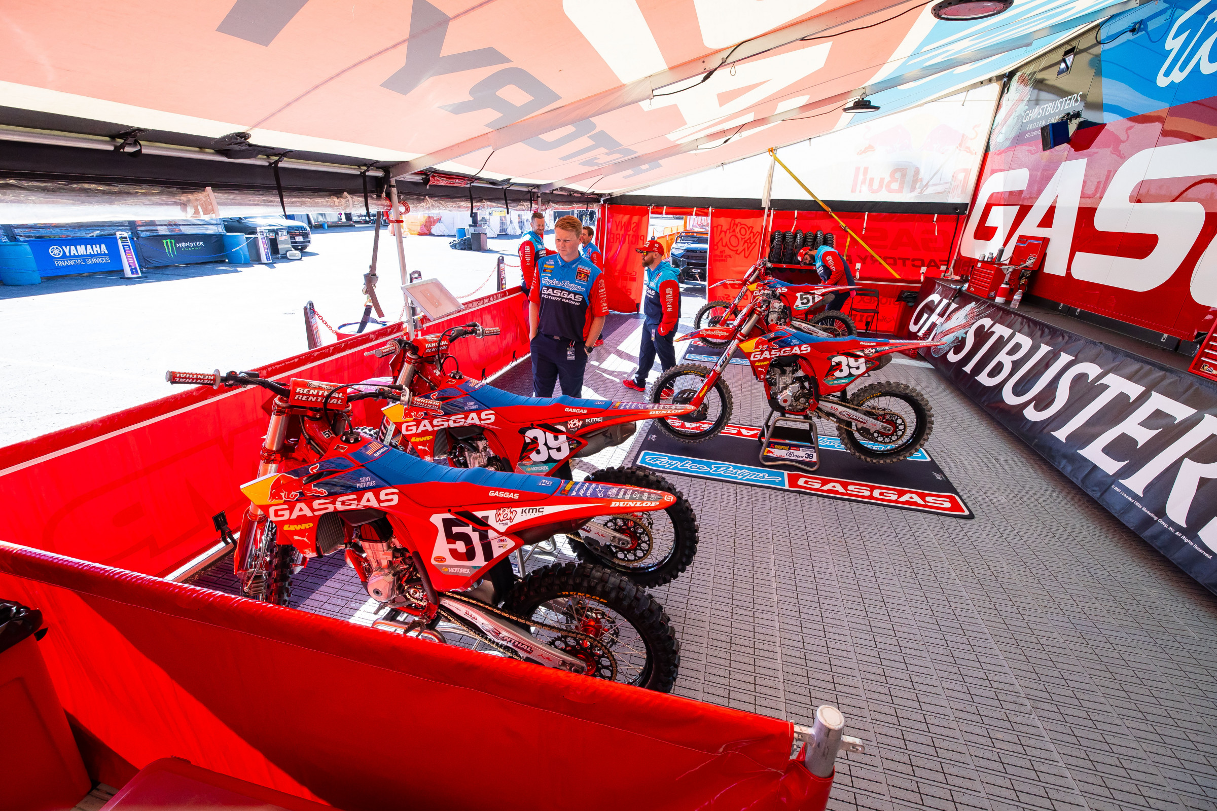 At the 2024 St. Louis Supercross, the Troy Lee Designs/Red Bull/GasGas team has two bikes prepped for both 450SX rider Justin Barcia (#51) and 250SX East Region rider Pierce Brown (#39).