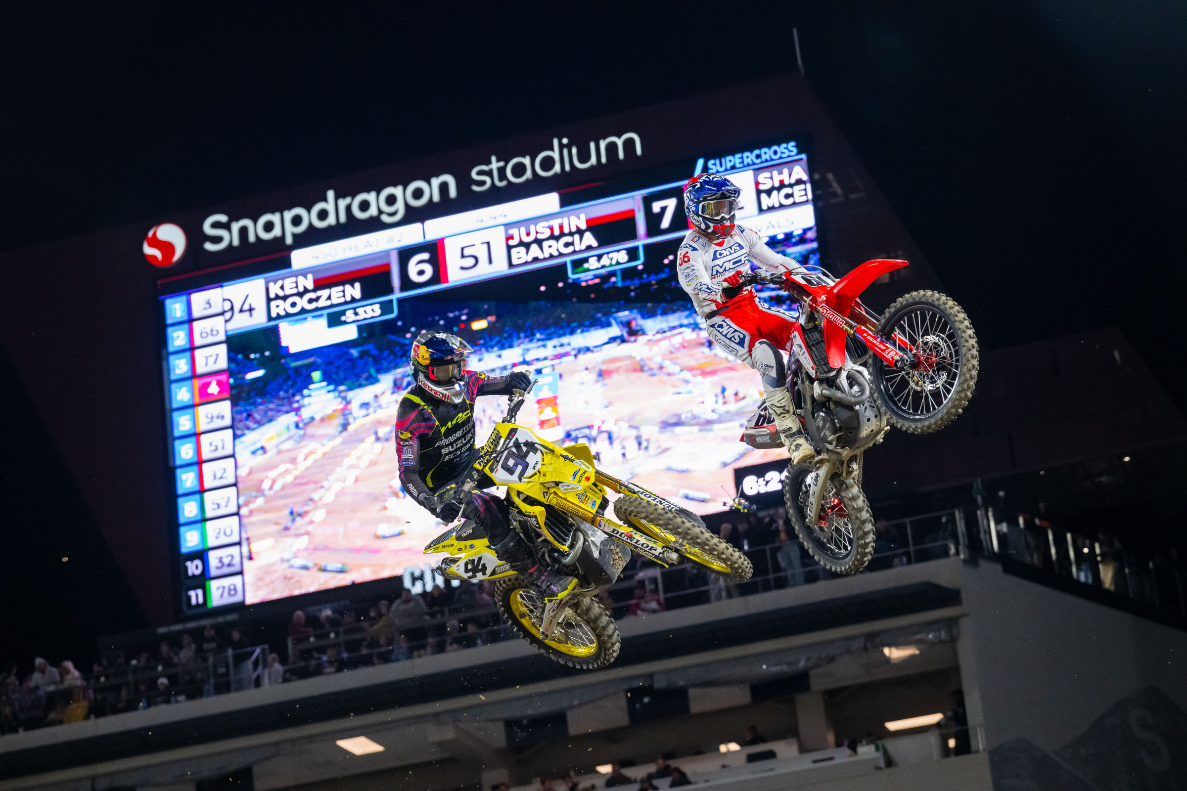 Ken Roczen makes a move on Vince Friese in San Diego.