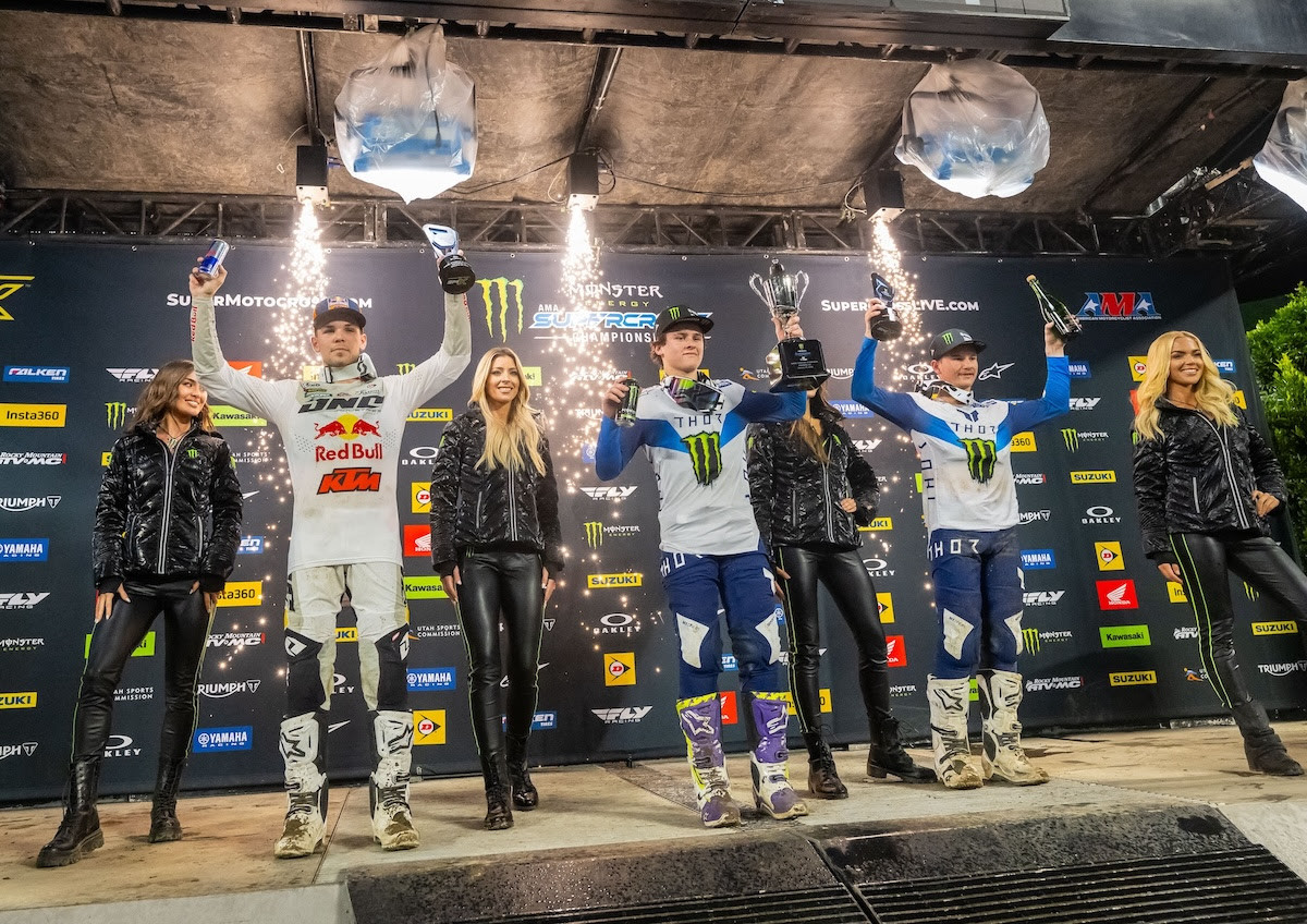 SMX Next graduates (from L to R) Julien Beaumer, Haiden Deegan, and Cole Davies swept the 250SX Class podium at last weekend's Supercross round in Anaheim, California.