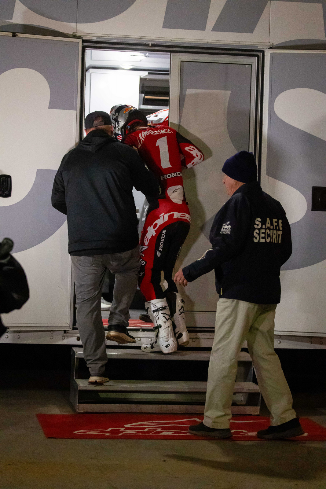 Lawrence heading into the Alpinestars medic unit.