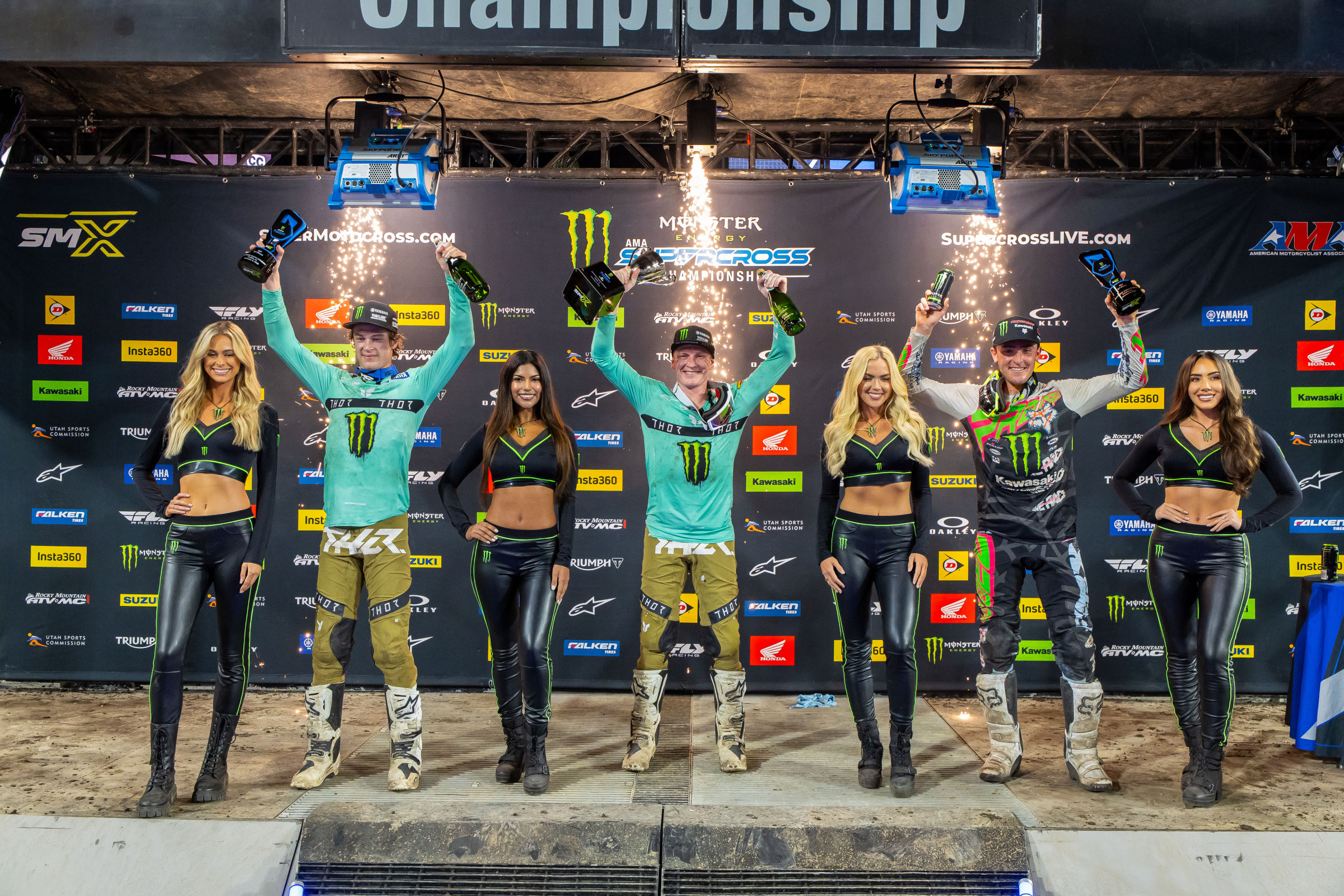 Max Anstie (center), Daxton Bennick (left), and Cameron McAdoo completed the first 250SX East podium of the 2025 season.