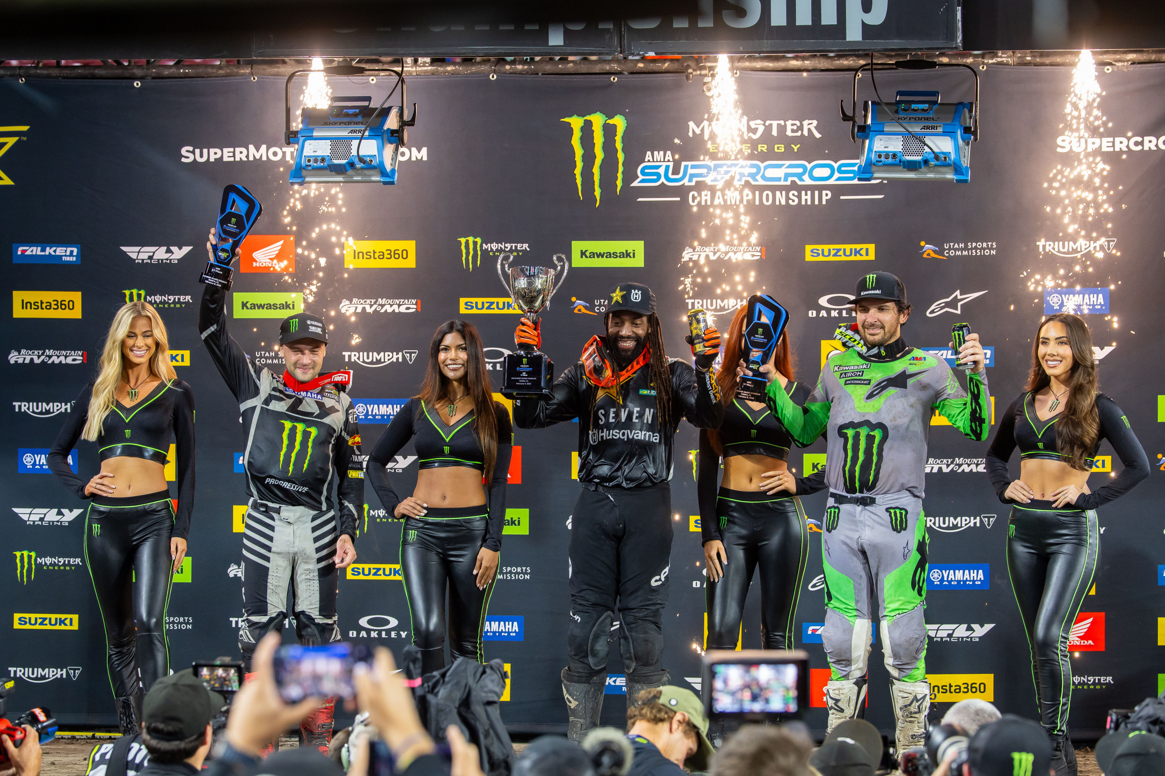 Malcolm Stewart stood at the center of a 450SX podium for the first time in his career, followed by Cooper Webb (left) and Jason Anderson (right).