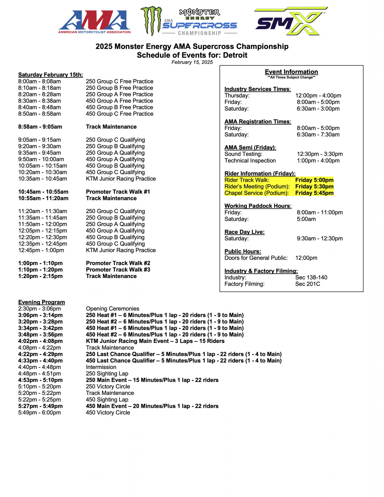 Detroit SX schedule.