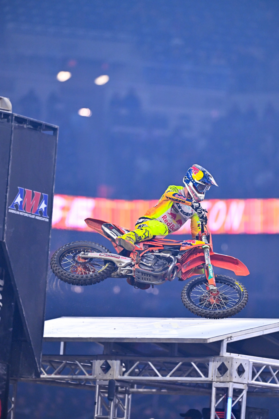 Chase Sexton takes the checkered flag in the second 450SX heat of the night.