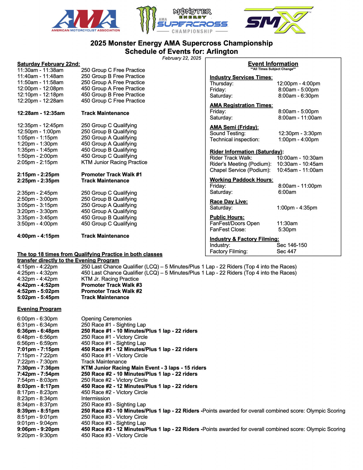 Arlington SX schedule.