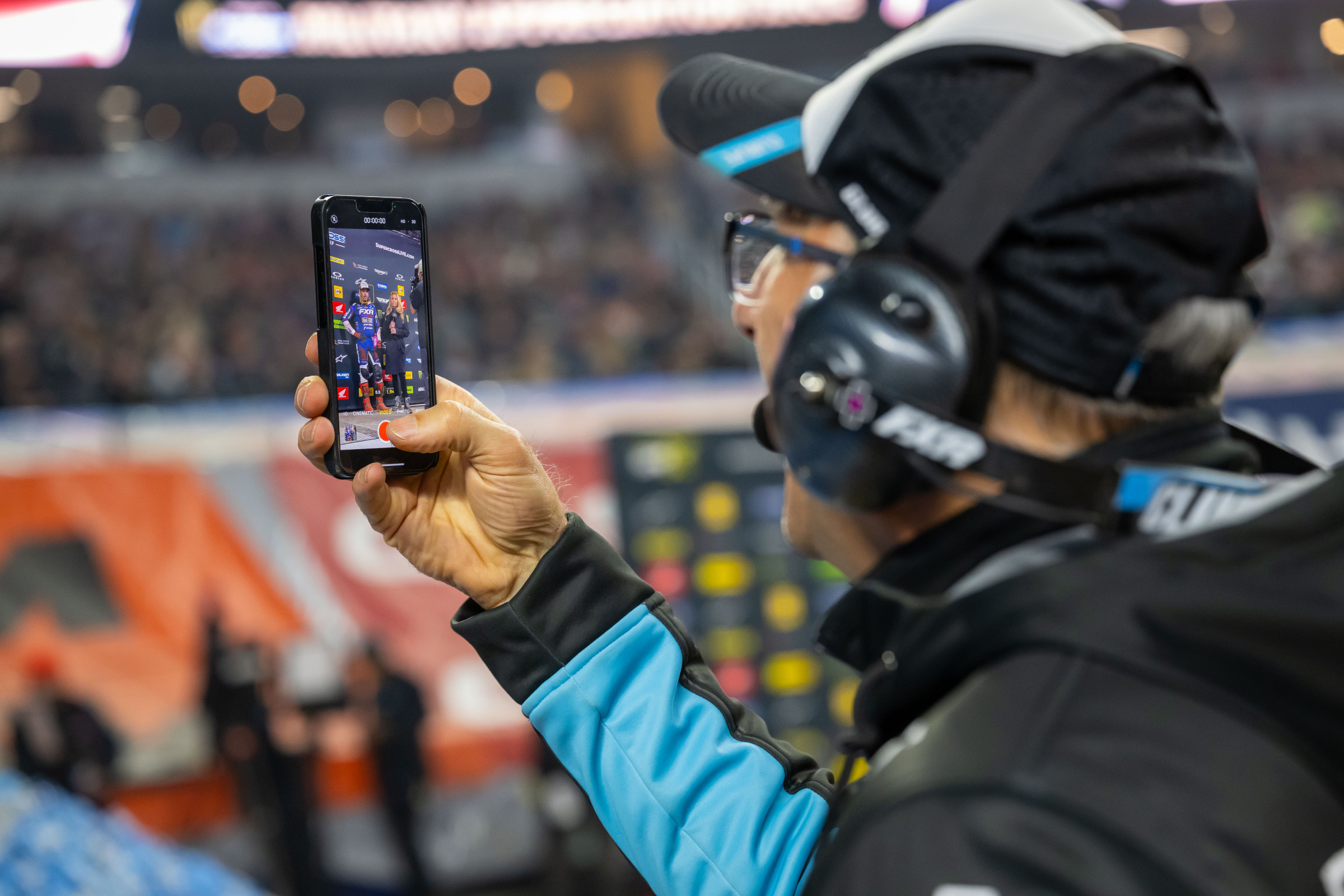 A pumped Mike Bonacci recording Schock on the podium.
