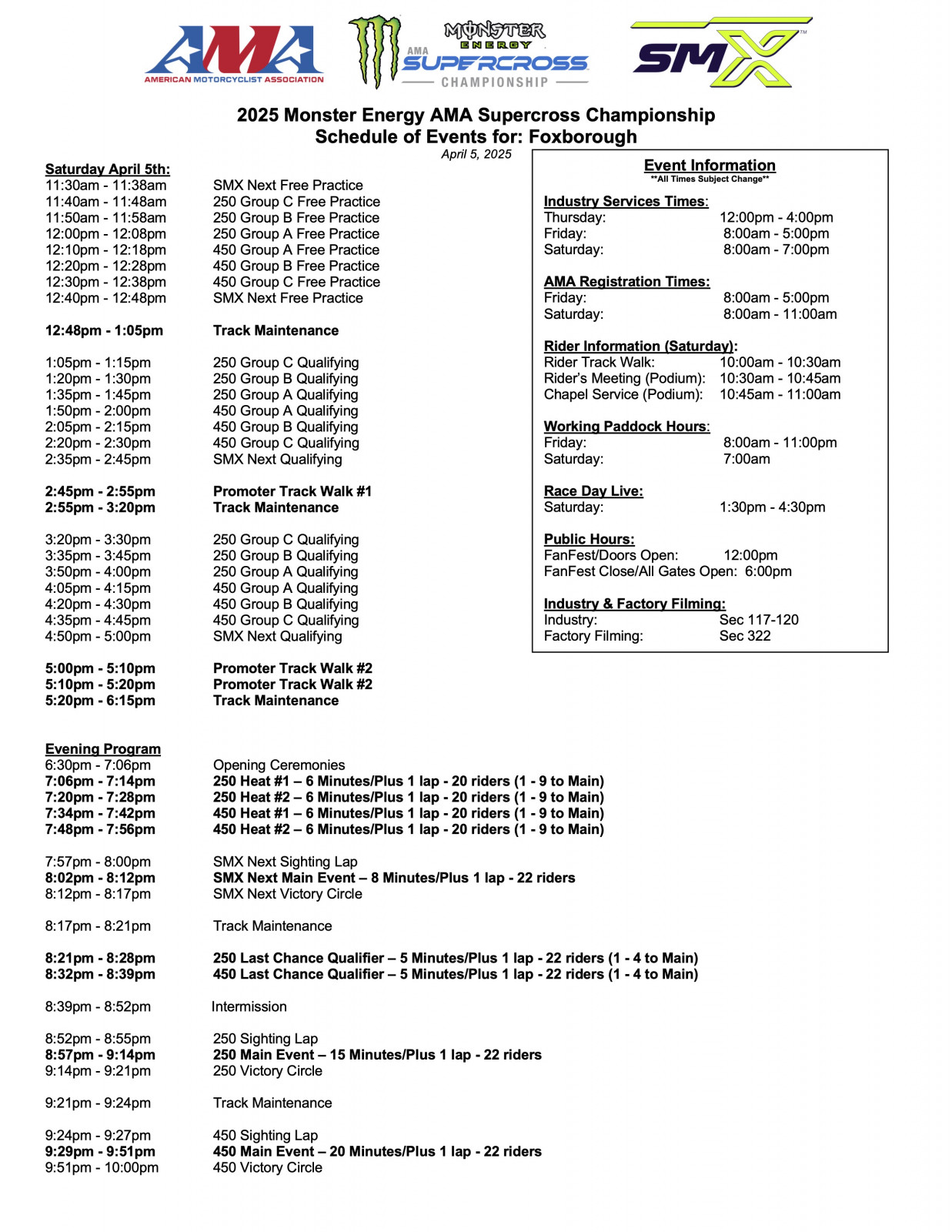 Foxborough SX schedule.