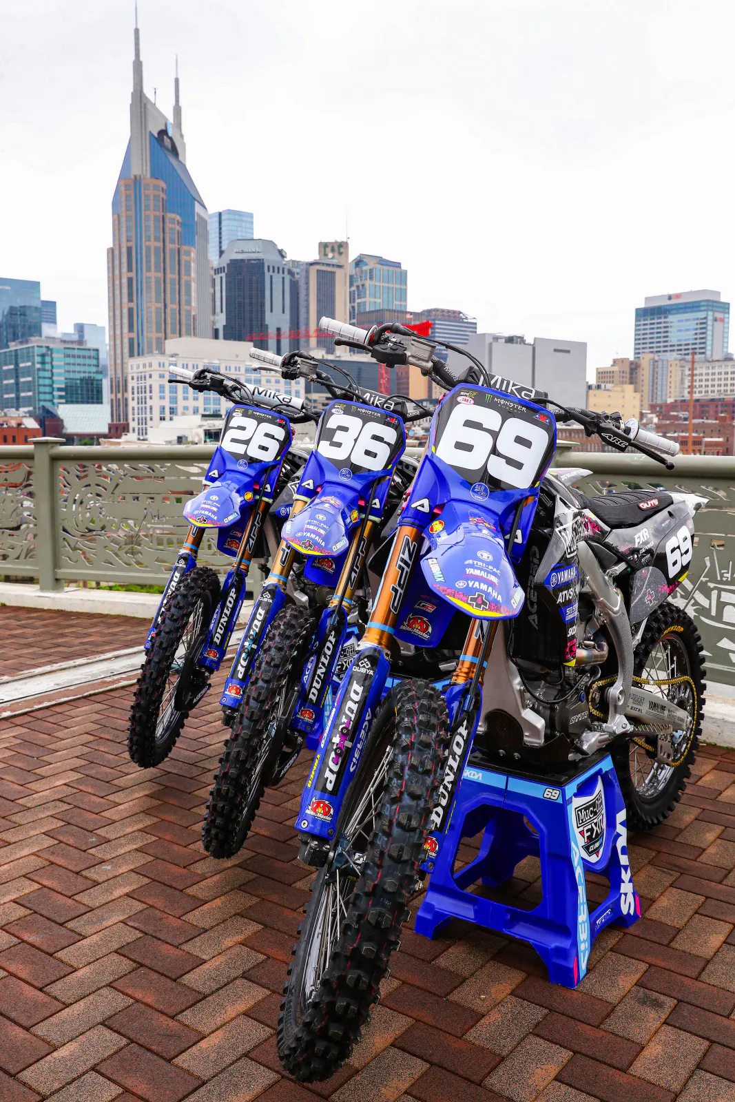 The ClubMX Yamaha bikes showing off downtown Nashvville.