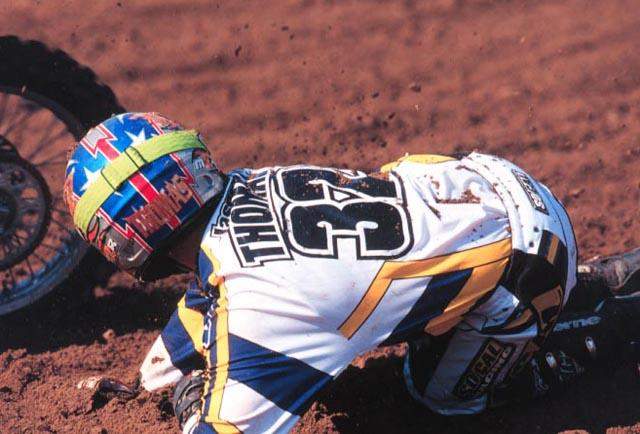 JT$ was quick enough on his Husqvarna to drop his number four spots to AMA #32 for the 2002 season. A guy who has been riding as long as Thomas has knows all too well what it’s like to hit the ground. Jason’s tougher than hell, though. He’s kind of built like Carmichael—you can pretty much throw him out of a car and he’ll just ball up and roll out of it.