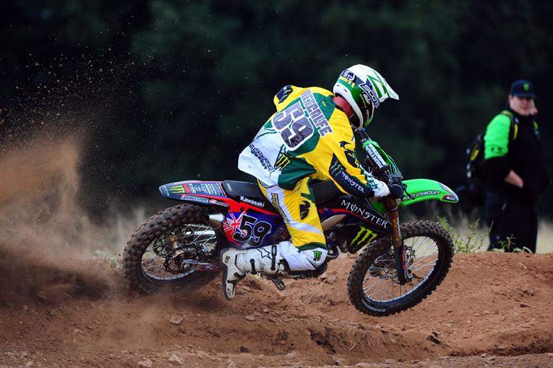 Team Australia's Brett Metcalfe destroys a berm. His teammates, Chad Reed and Michael Byrne, are due to have a similar practice session later in the day.