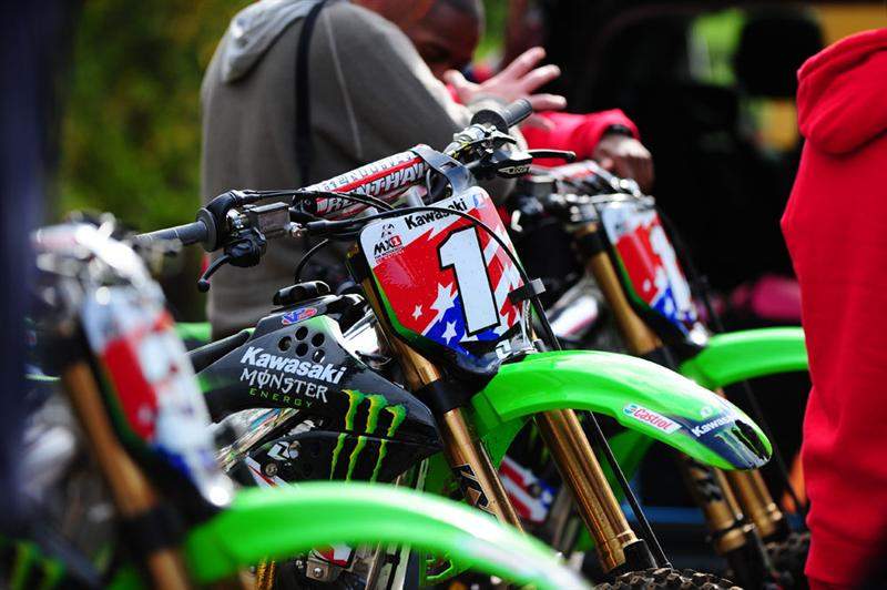 James Stewart's and Timmy Ferry's factory KX450Fs are ready for racing this weekend at Donington. Here they sit ready to ride at Tommy Searle's practice track.
