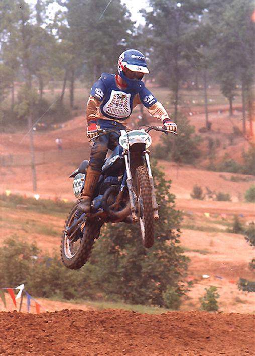 My blue Bultaco. This was my first year pro, at a local race in North Carolina at a track called Rolling Hills. I felt pretty fast in those days when I rode local races, but I got smoked at the nationals. That bike was my and my dad's creation. Simmon's forks, Works performance shock(s), homemade tank, seat and pipe etc. Bultaco was just about extinct, but I kept it alive as long as I could. I loved the red engine Honda works bikes back then and sort of copied their bikes, but used blue instead.
