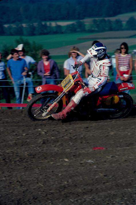 MX des Nations Swiss 500. This was the year I took Donnie Hansen's place at the '82 des Nations, when it was two separate weekends. We had already won the 250 race in Germany and this shot is in Switzerland the following weekend on the 500. JT had just come out with their V-2000 chest protector and John and Rita Gregory were there with a few prototypes. Even though I was a Fox guy, the rocks were so bad on half the track I called dibs on one of 'em and put Fox stickers on it. I had a good day finishing 4-2 and crossed the line right behind Magoo in the last moto as he completed his 4-moto sweep. After the race I signed with JT for 10-times the money Fox was paying me! I drank a lot of champagne and thought my new contract looked pretty good, but I agonized over having to explain to Fox when I got home.