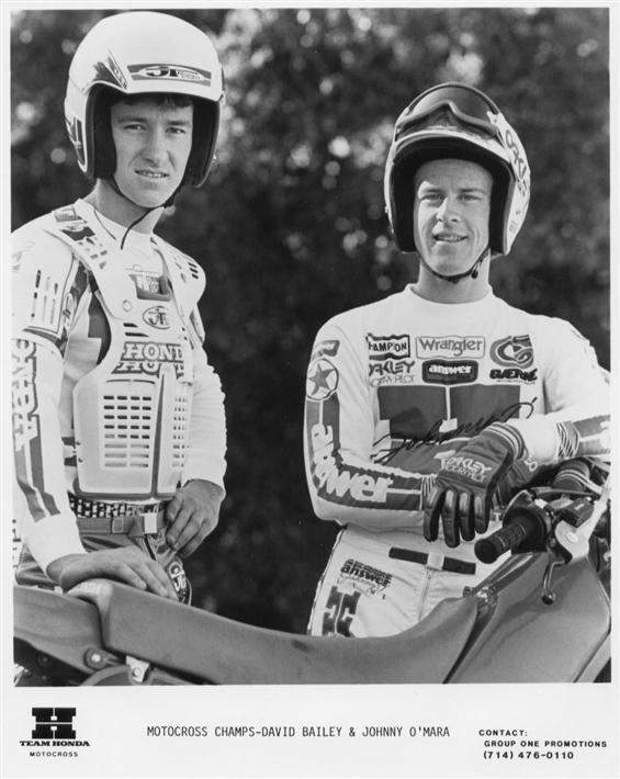 Me and O'Show. Johnny and I were teammates at Honda and JT until the '84 season, when he switched to Answer. I thought he was going to look dorky, but when he showed up in his own signature line I was shocked at how cool it looked. I ended up being the dorky one. I had a pre-production ALS-1 JT helmet that didn't fit right yet and felt like a conehead and had a weird looking blue and yellow #1 plate on my bike. It grew on me, but I remember feeling all out of whack that day. Not long after this photo, Johnny won his first SX at Anaheim and cruised to the championship. 